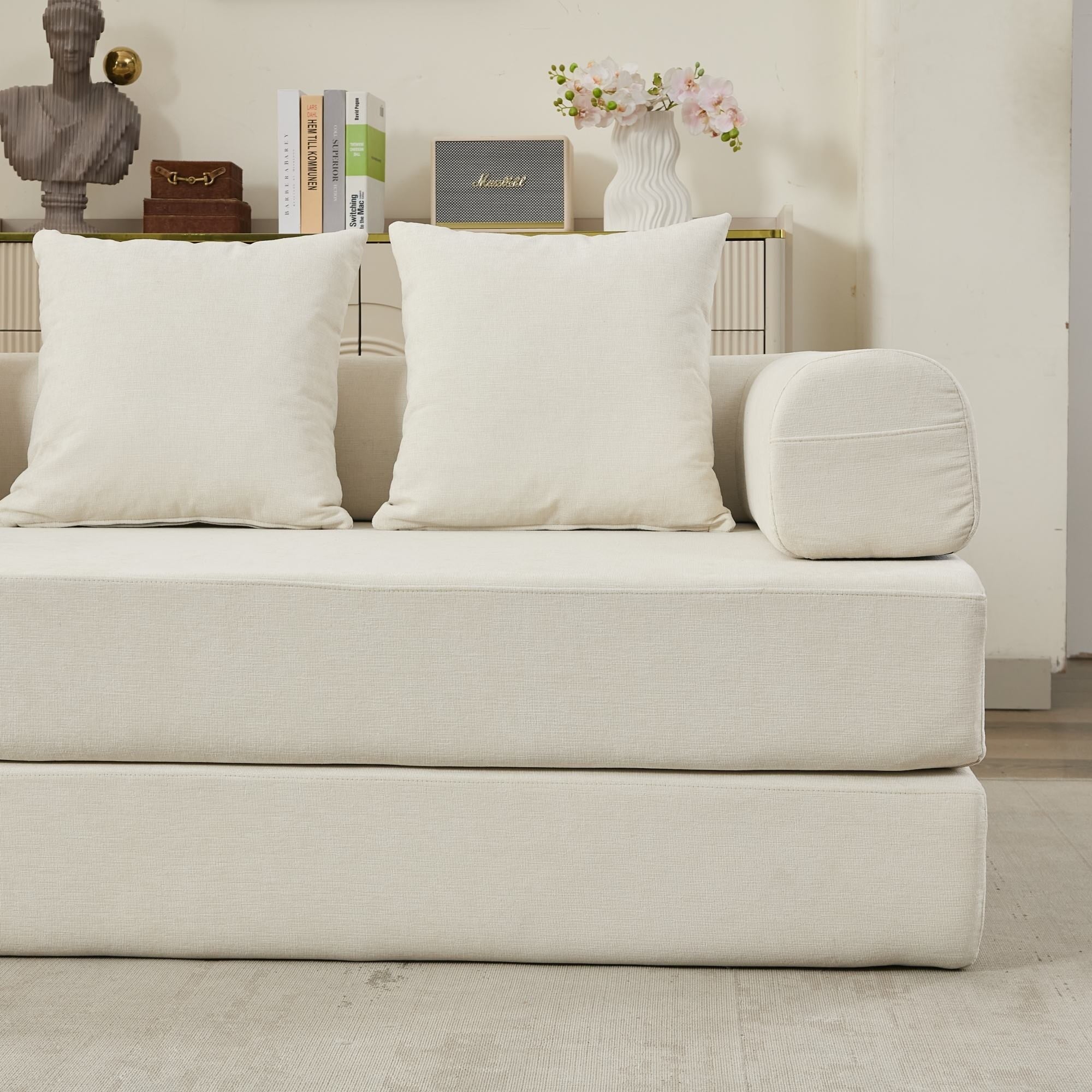 Canapé-lit convertible confortable avec matelas pliant, canapé-lit de sol, canapé de sol en chenille avec accoudoir, canapé de salon