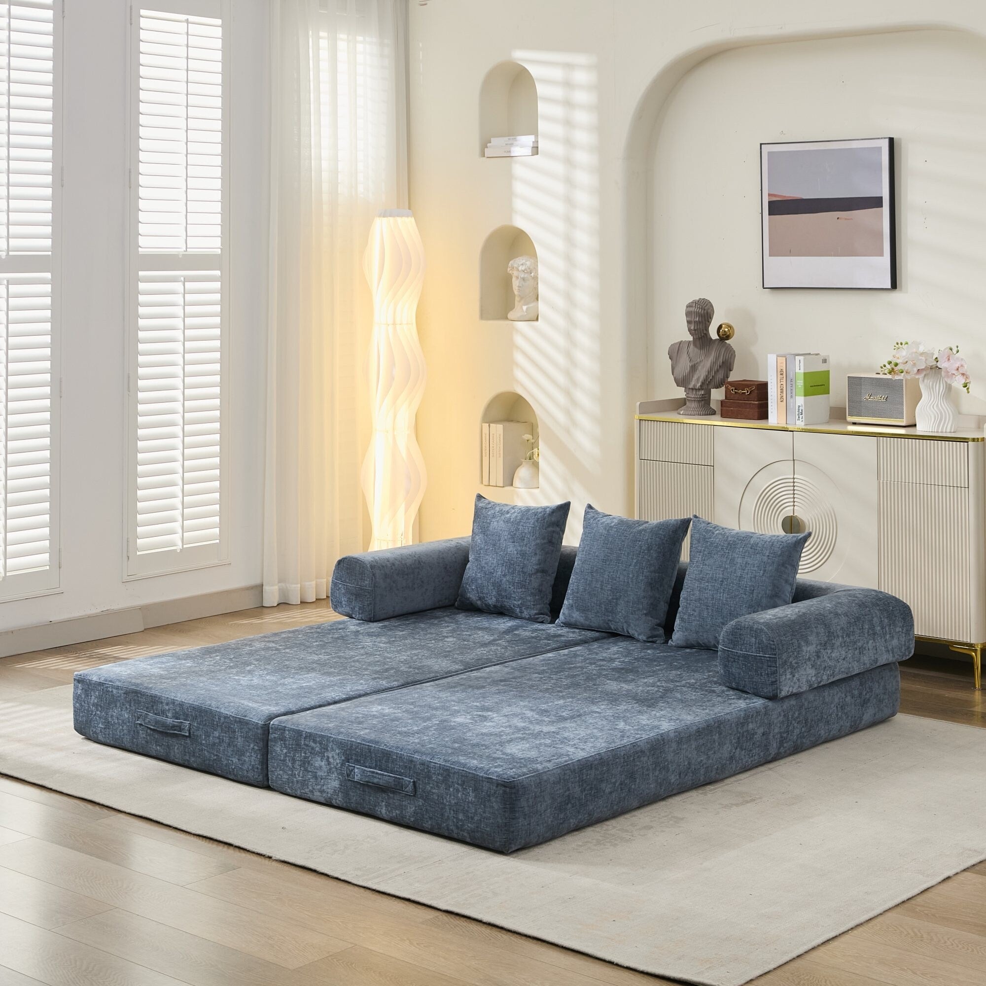 Canapé-lit convertible confortable avec matelas pliant, canapé-lit de sol, canapé de sol en chenille avec accoudoir, canapé de salon