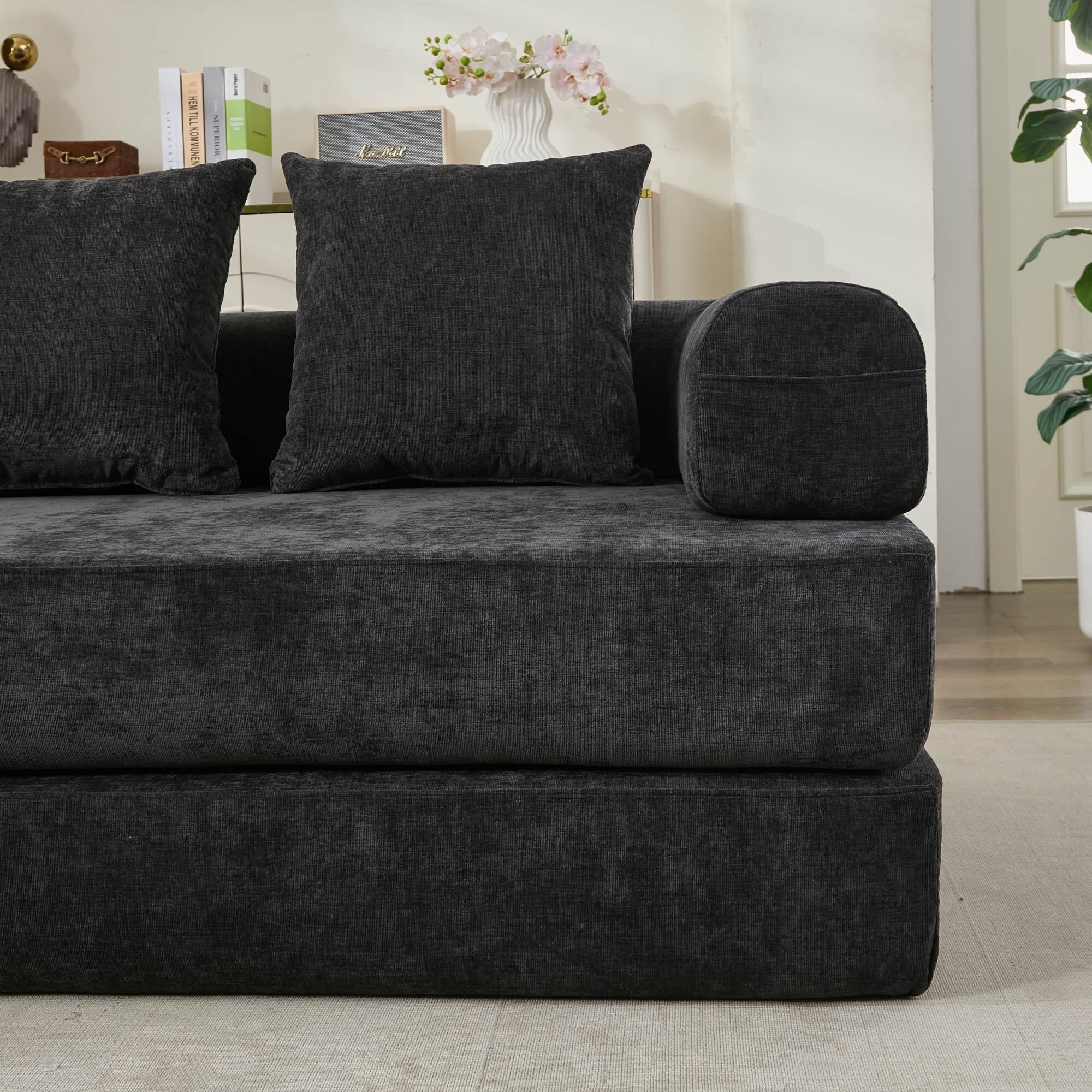 Canapé-lit convertible confortable avec matelas pliant, canapé-lit de sol, canapé de sol en chenille avec accoudoir, canapé de salon