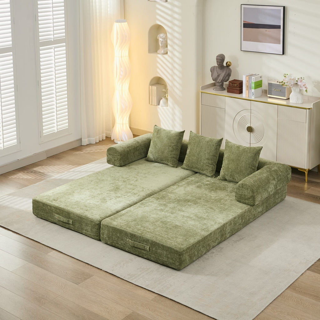 Canapé-lit convertible confortable avec matelas pliant, canapé-lit de sol, canapé de sol en chenille avec accoudoir, canapé de salon