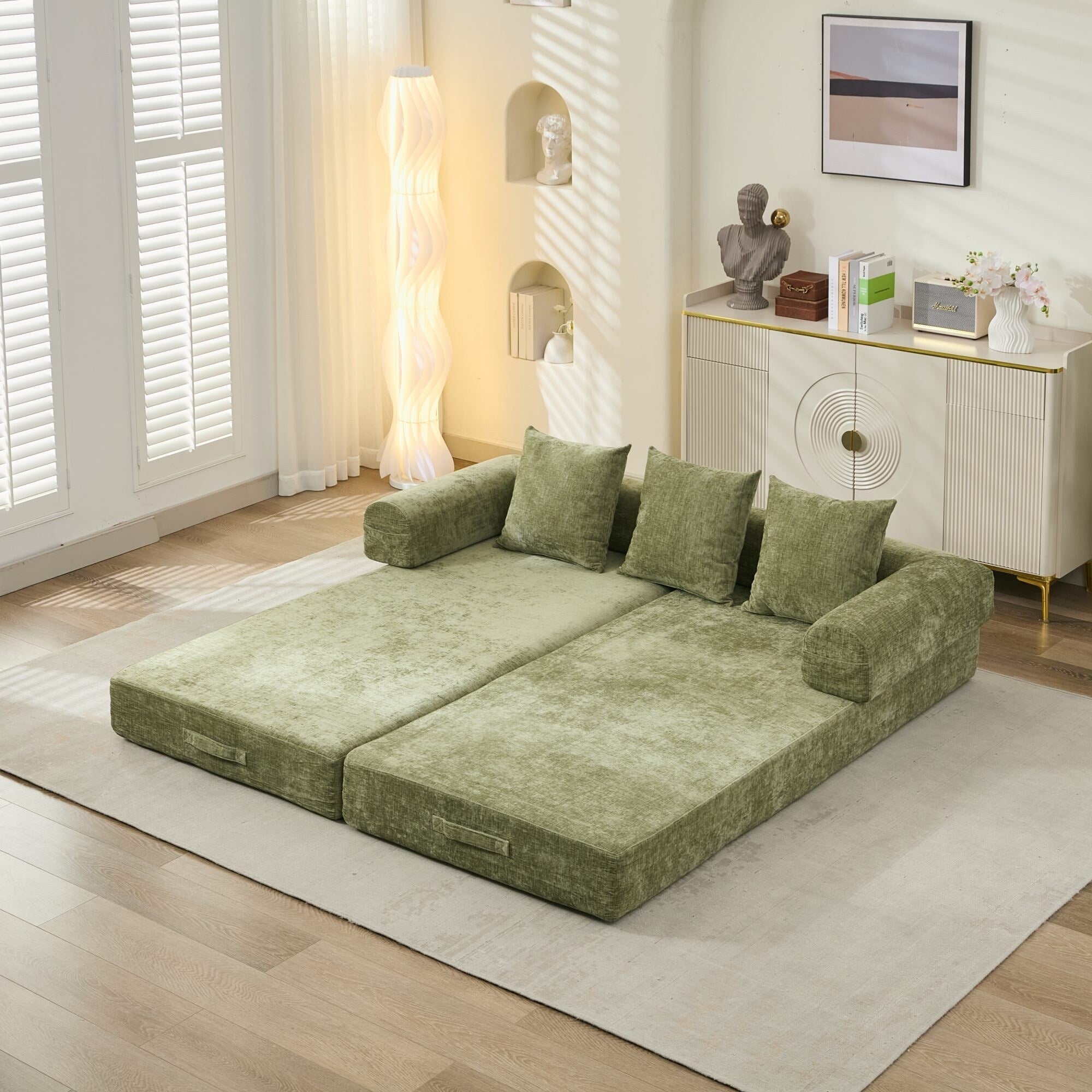 Canapé-lit convertible confortable avec matelas pliant, canapé-lit de sol, canapé de sol en chenille avec accoudoir, canapé de salon