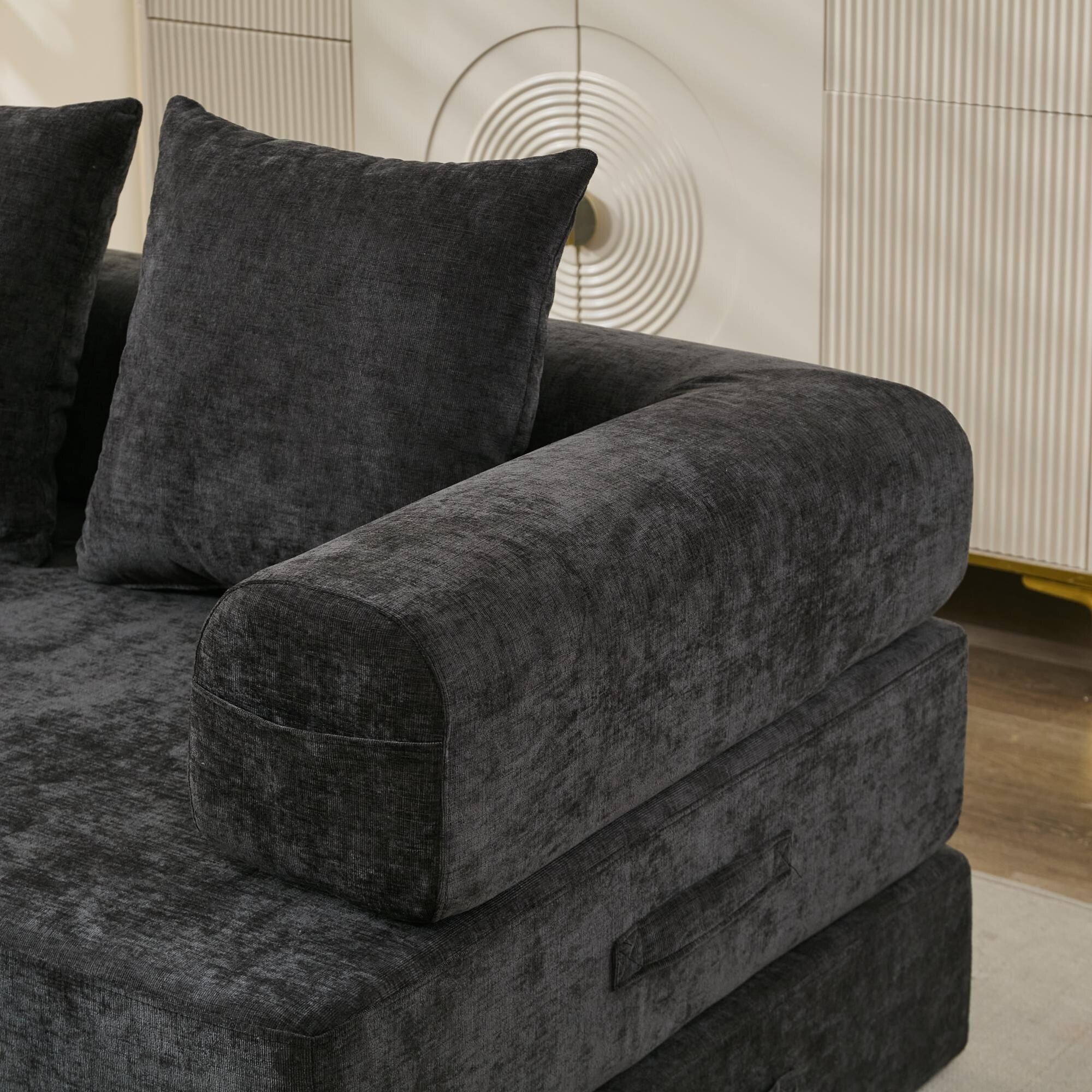 Canapé-lit convertible confortable avec matelas pliant, canapé-lit de sol, canapé de sol en chenille avec accoudoir, canapé de salon