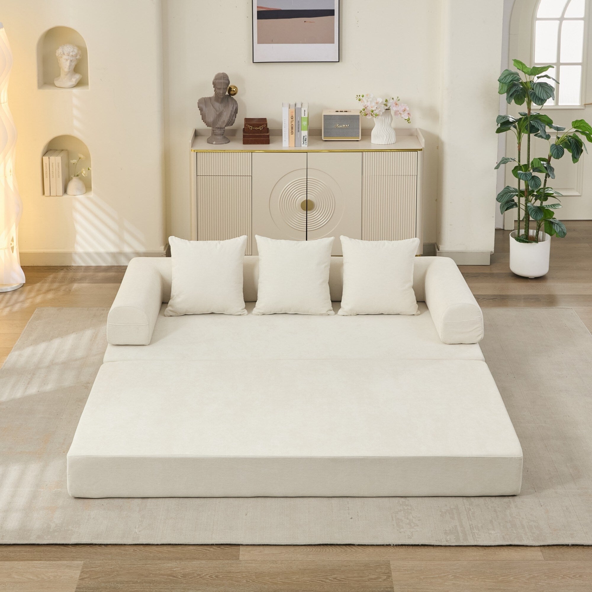 Canapé-lit convertible confortable avec matelas pliant, canapé-lit de sol, canapé de sol en chenille avec accoudoir, canapé de salon