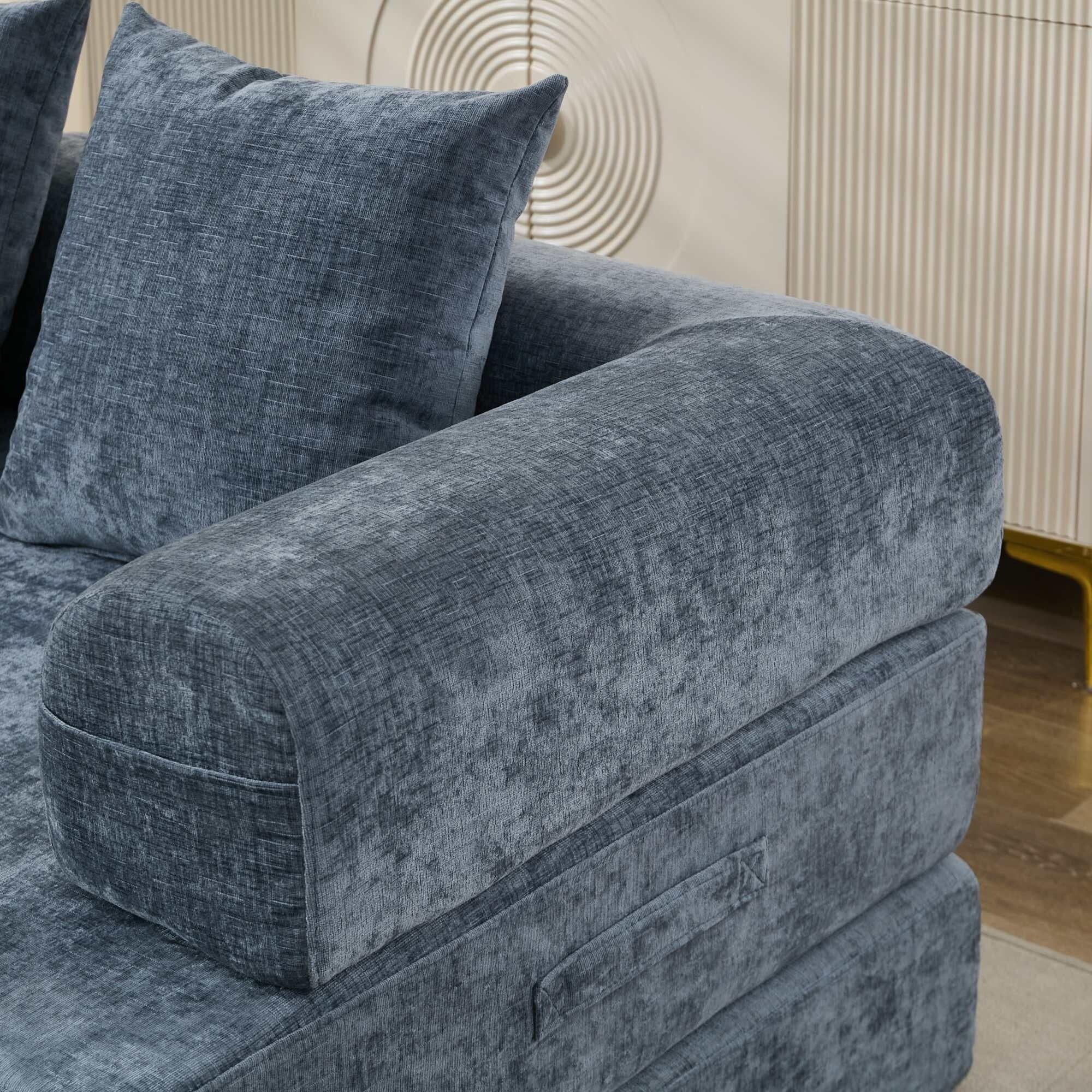 Canapé-lit convertible confortable avec matelas pliant, canapé-lit de sol, canapé de sol en chenille avec accoudoir, canapé de salon