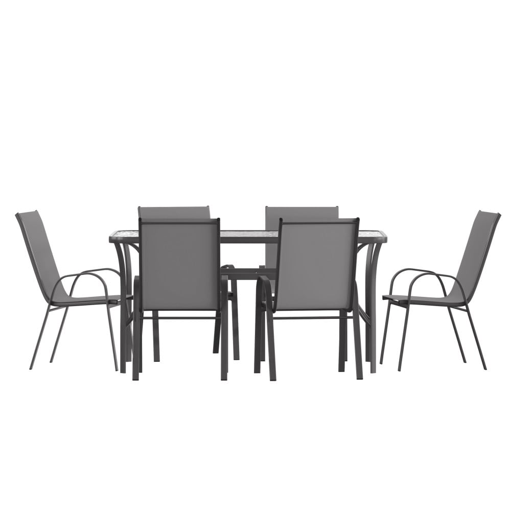 Ensemble de salle à manger d'extérieur commercial 7 pièces avec table en verre et 6 chaises