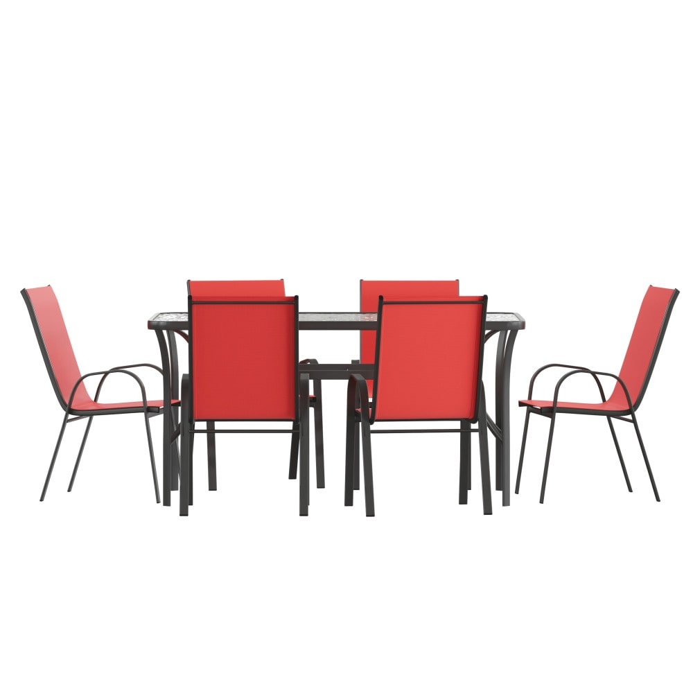 Ensemble de salle à manger d'extérieur commercial 7 pièces avec table en verre et 6 chaises