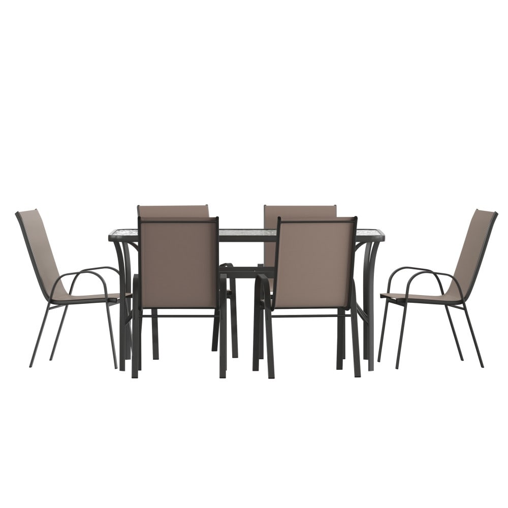 Ensemble de salle à manger d'extérieur commercial 7 pièces avec table en verre et 6 chaises