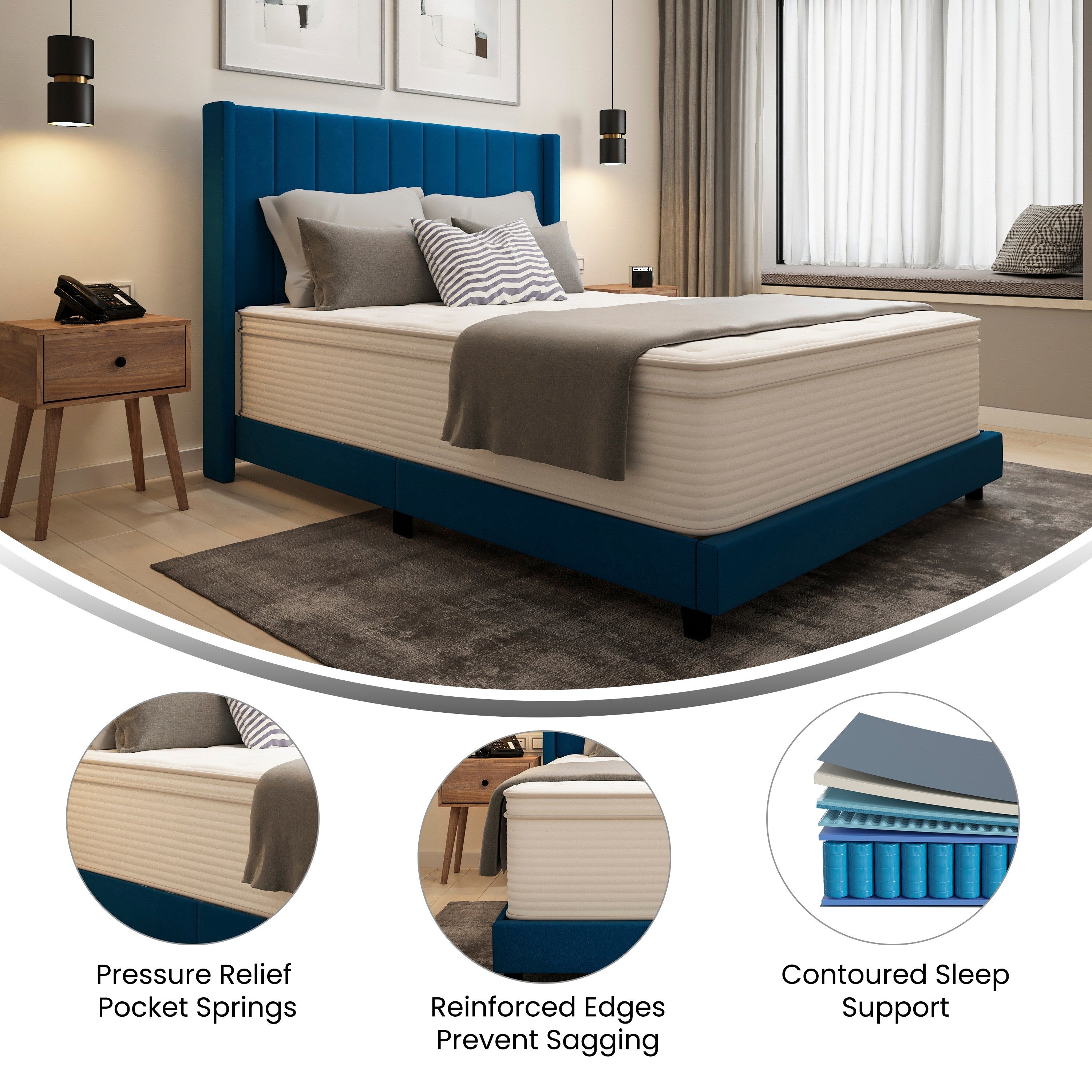 Matelas hybride commercial en mousse à mémoire de forme et ressorts ensachés dans une boîte