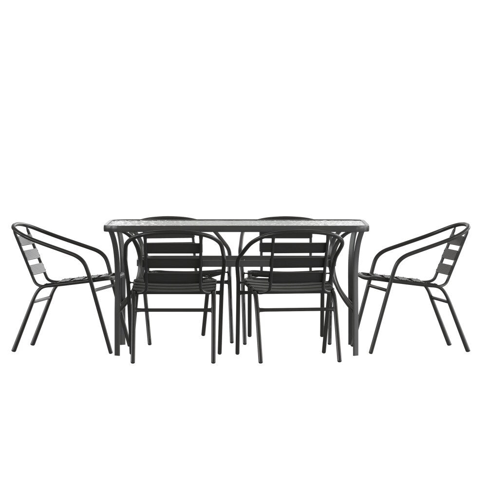 Ensemble de salle à manger de patio commercial avec table en verre trempé et 6 chaises