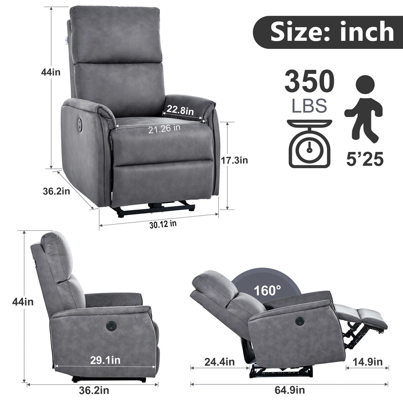 Fauteuil inclinable électrique compact avec port USB, commandes latérales et dossier confortable pour petits espaces