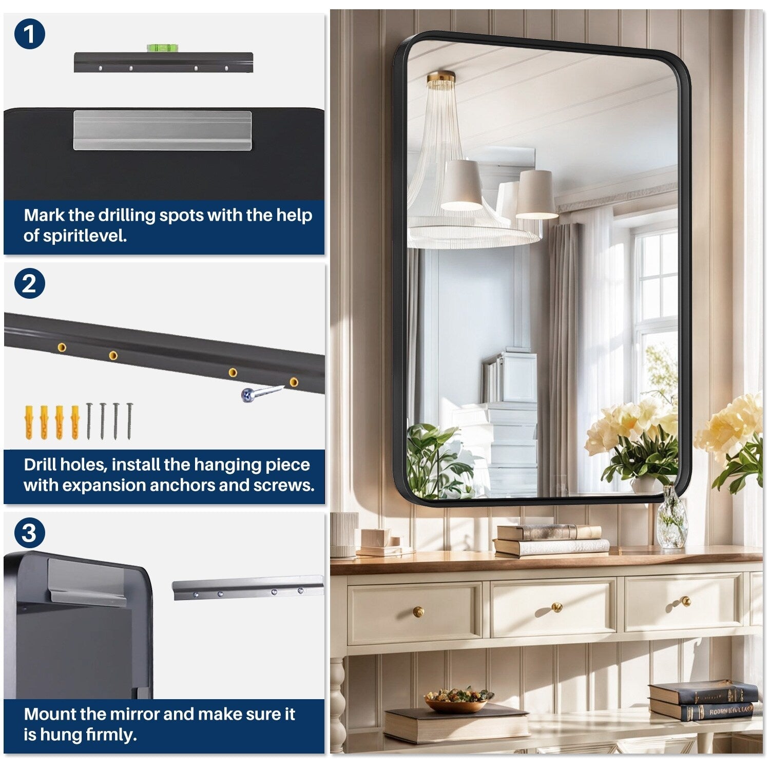 Miroirs de salle de bain pour mur au-dessus du lavabo, grand miroir mat, décoratif pour toilettes, style ferme, suspendu horizontalement ou verticalement