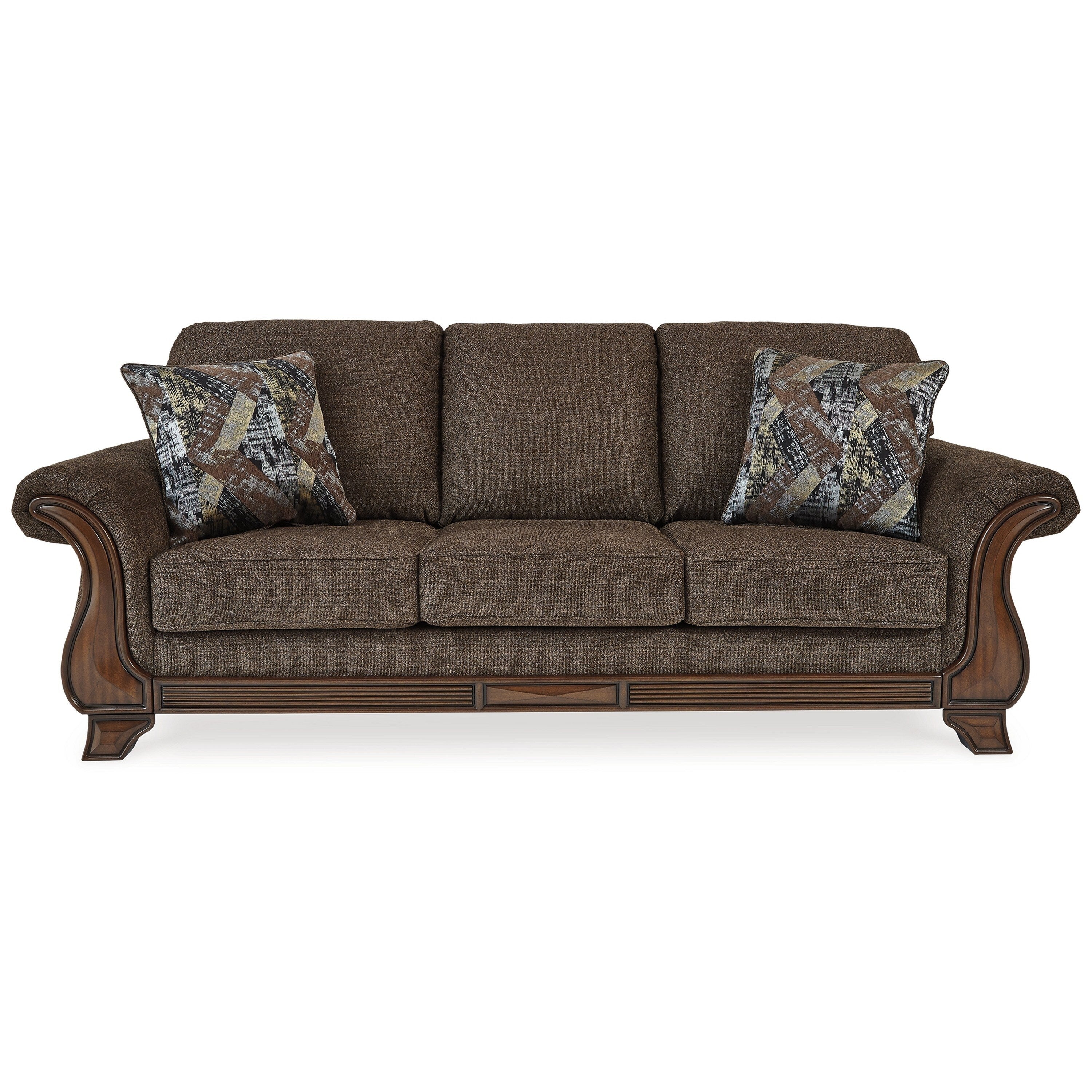 Canapé Conner, polyester marron, touches de bois apparentes, 2 coussins, 93 pouces