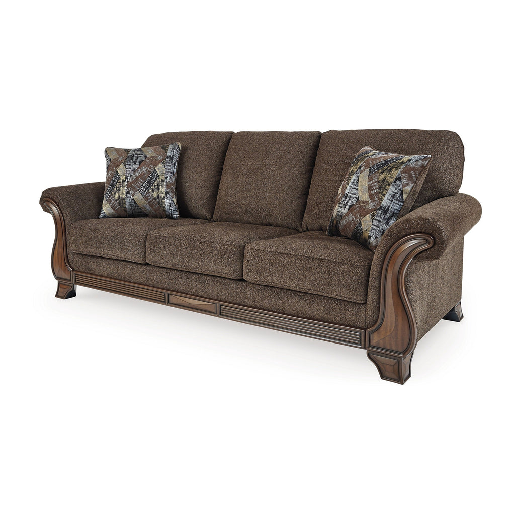 Canapé Conner, polyester marron, touches de bois apparentes, 2 coussins, 93 pouces
