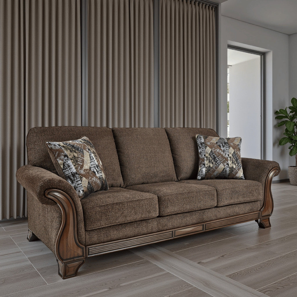 Canapé Conner, polyester marron, touches de bois apparentes, 2 coussins, 93 pouces