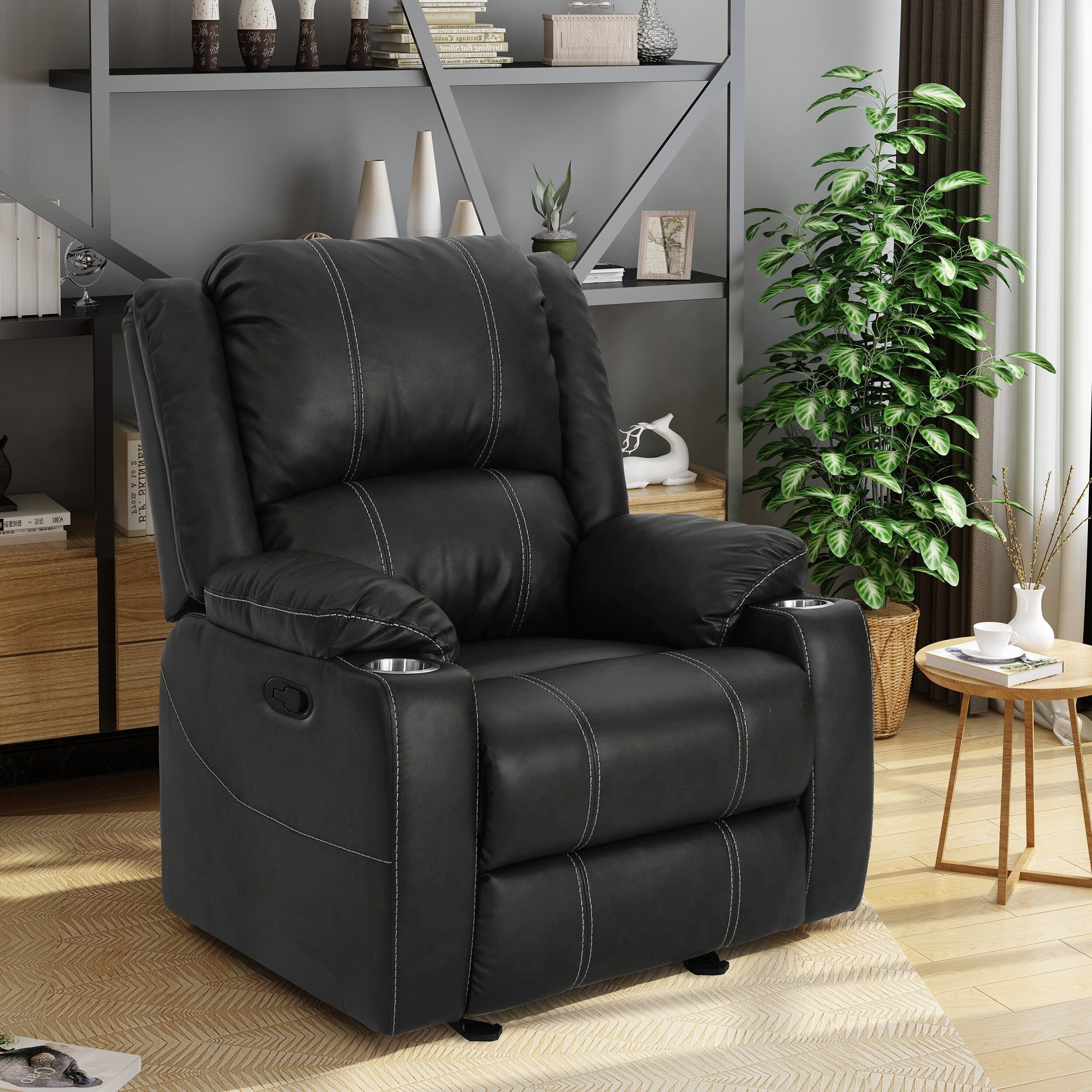 Fauteuil inclinable manuel contemporain avec porte-gobelets en acier, revêtement en similicuir moelleux, inclinaison réglable