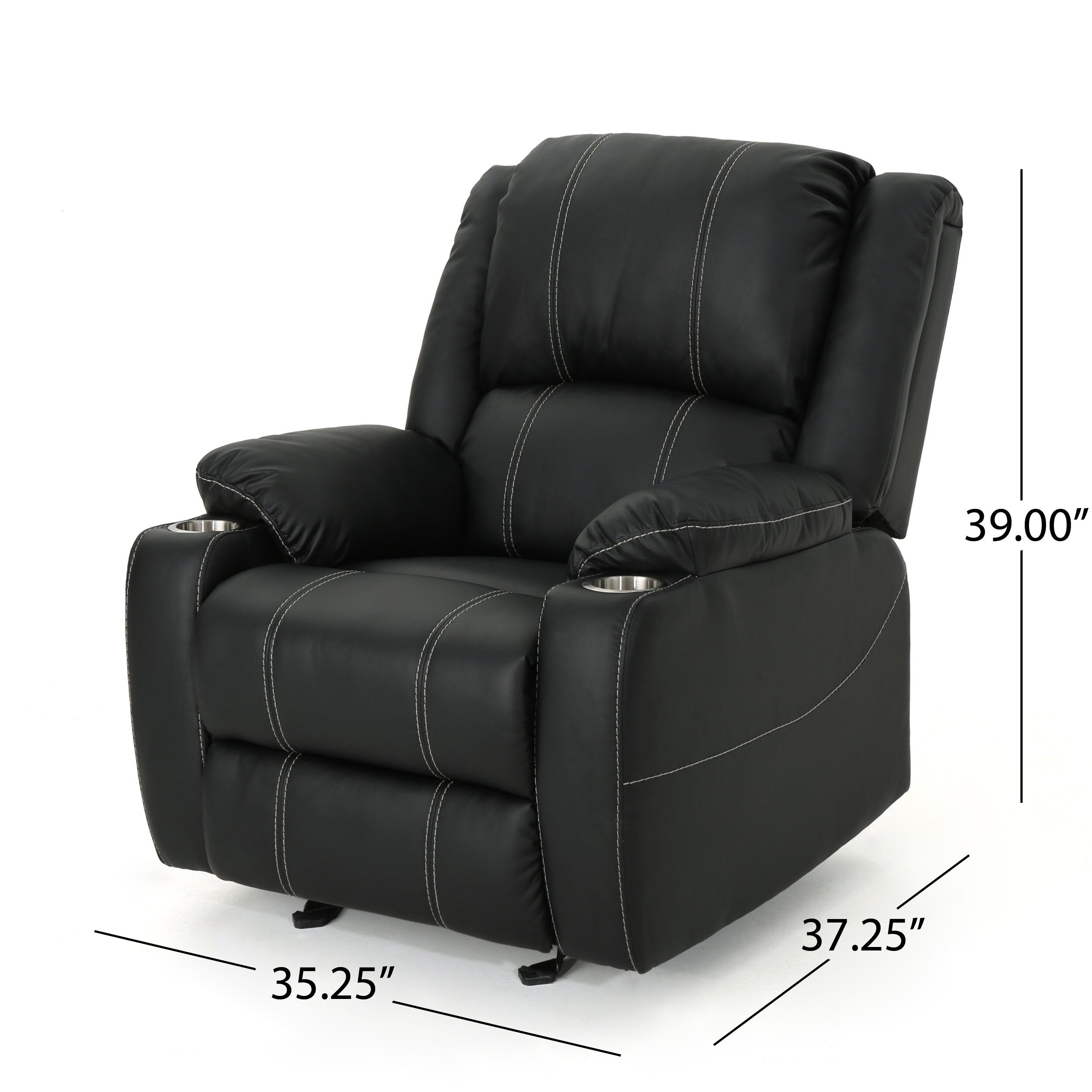Fauteuil inclinable manuel contemporain avec porte-gobelets en acier, cuir synthétique moelleux et inclinaison réglable