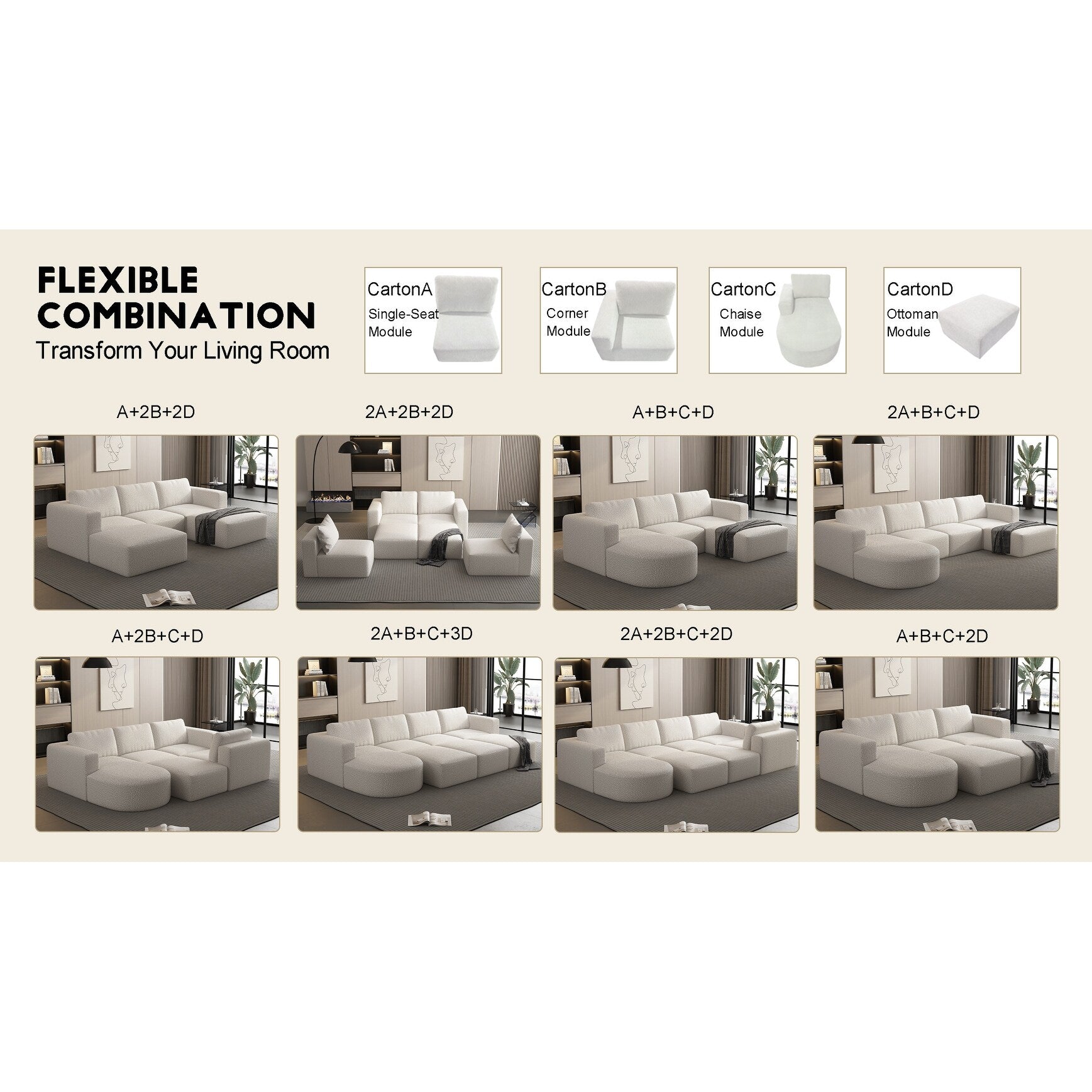 Canapé convertible modulable en U 104,32 x 70,86 cm avec méridienne, pouf et éponge compressée pour le salon