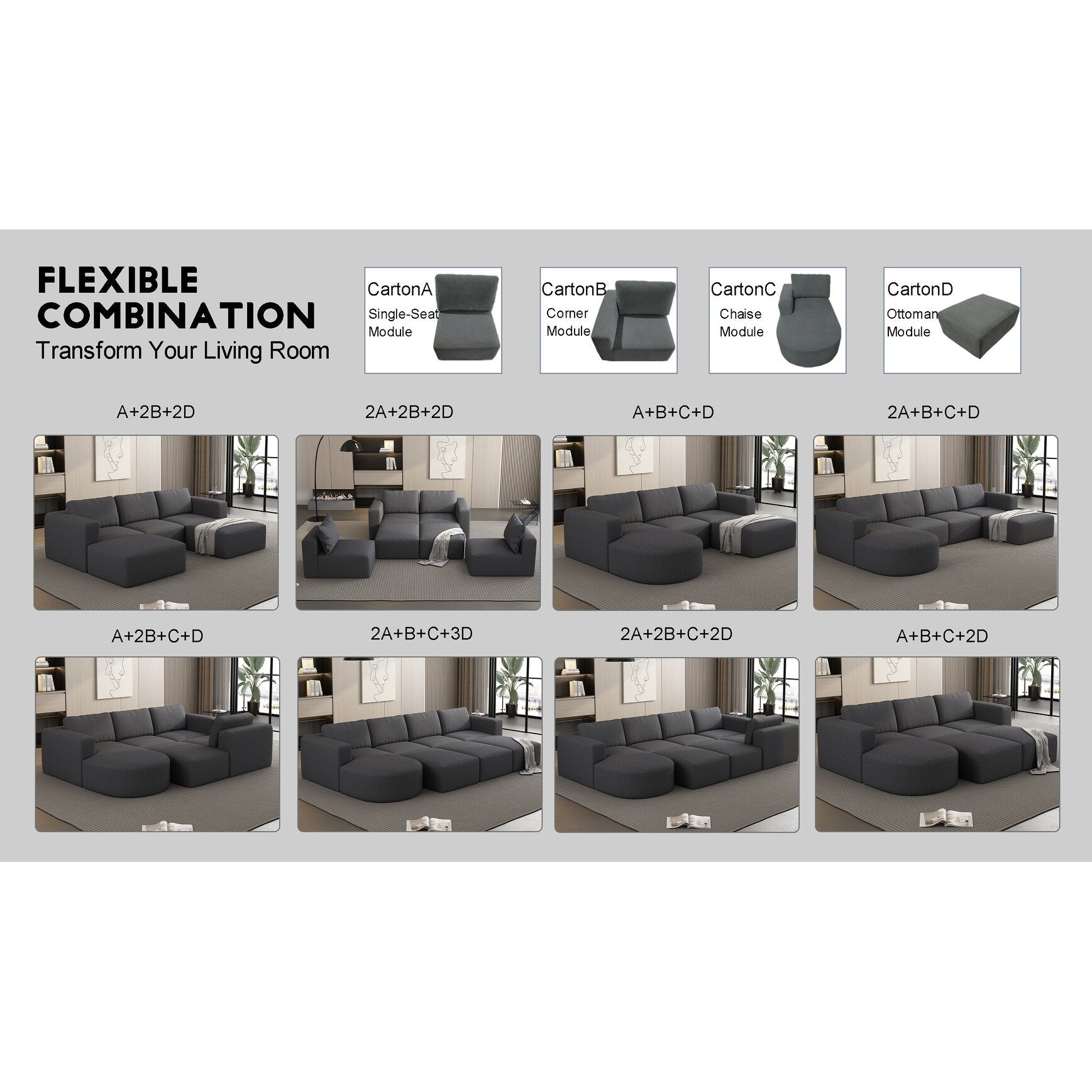 Canapé convertible modulable en U 104,32 x 70,86 cm avec méridienne, pouf et éponge compressée pour le salon