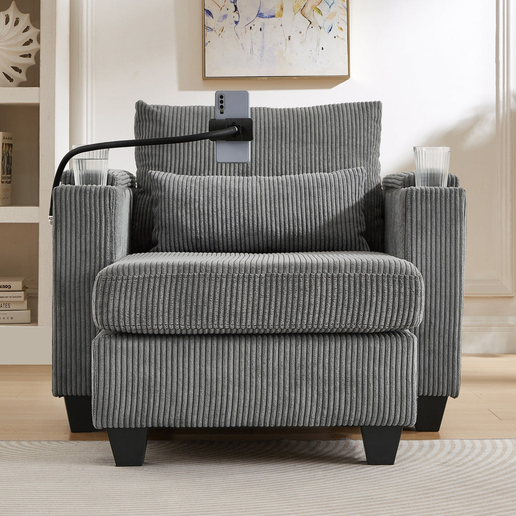 Canapé-lit convertible en velours côtelé avec port USB et deux porte-gobelets