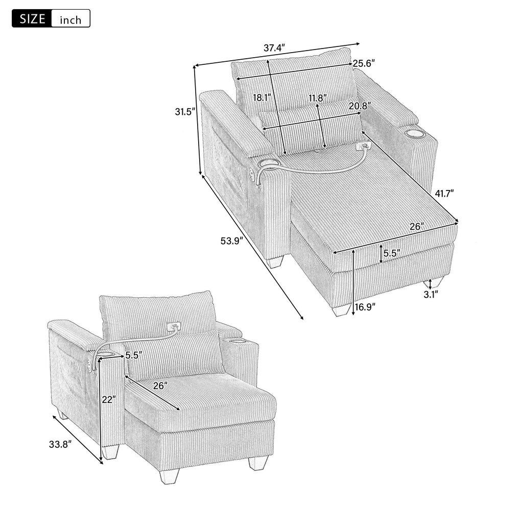 Canapé-lit convertible en velours côtelé avec port USB et deux porte-gobelets