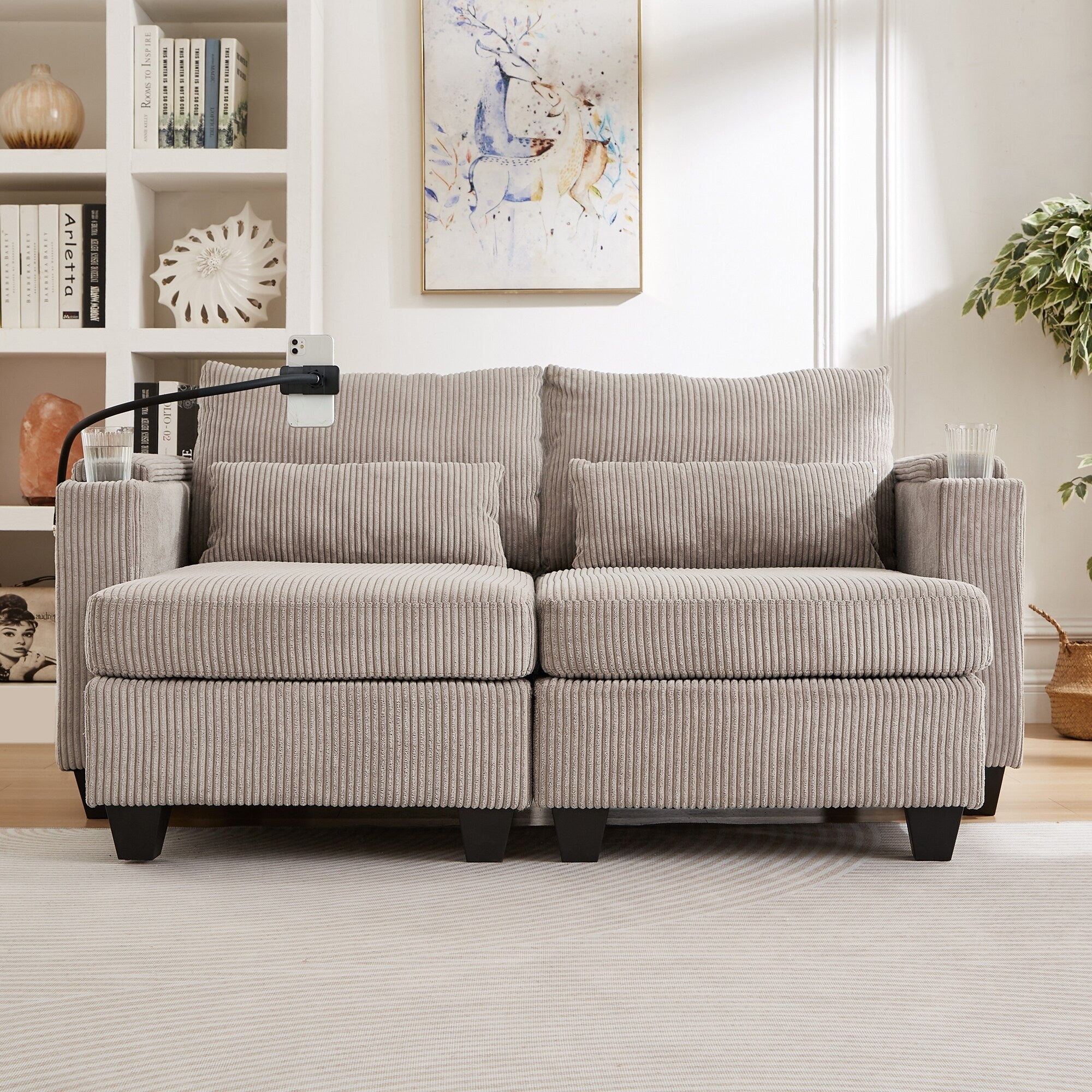 Canapé-lit convertible en velours côtelé avec port USB et deux porte-gobelets