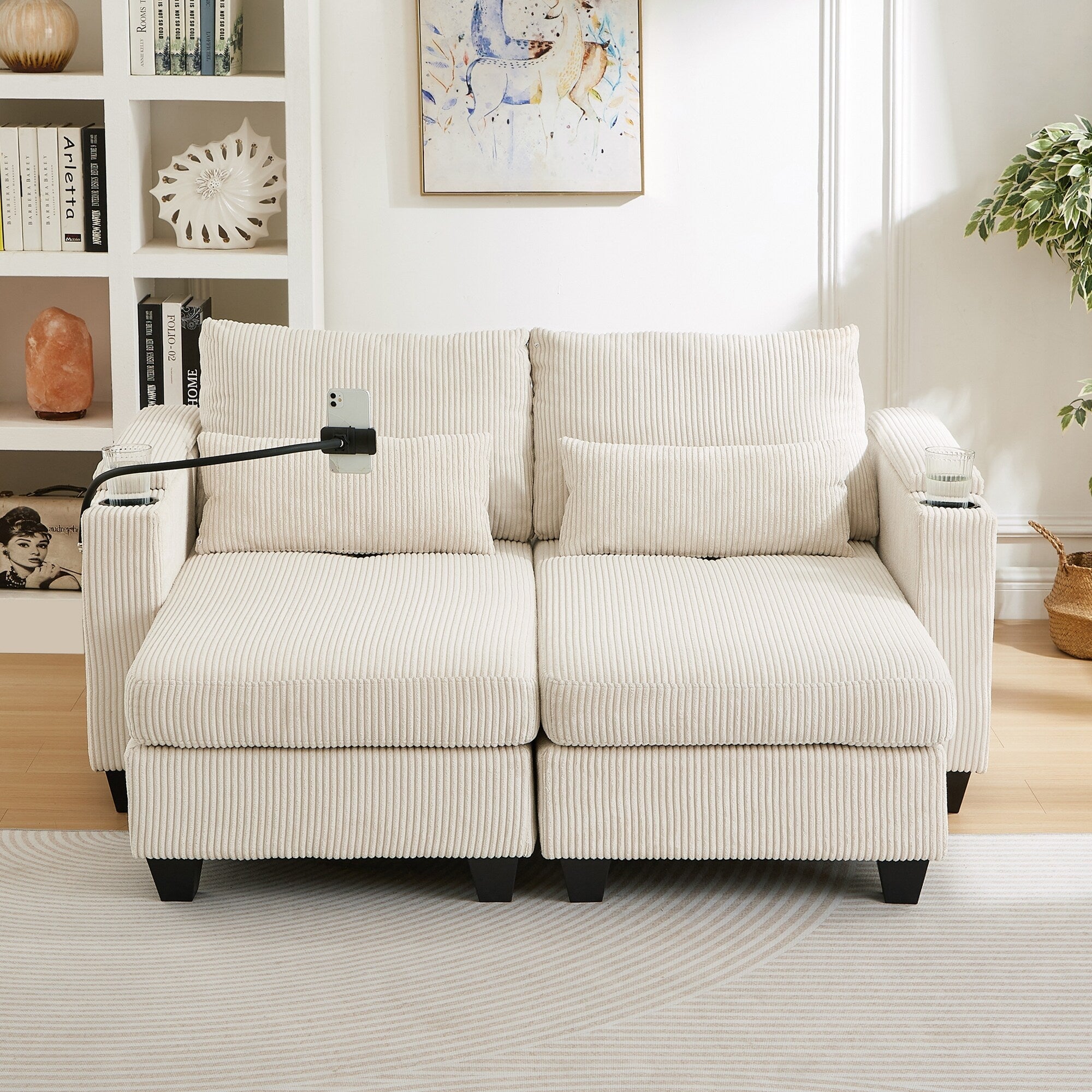 Canapé-lit convertible en velours côtelé avec port USB et deux porte-gobelets