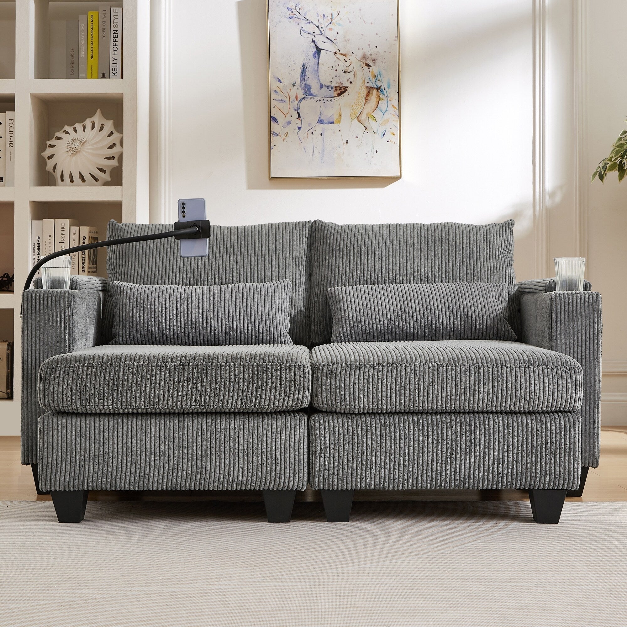 Canapé-lit convertible en velours côtelé avec port USB et deux porte-gobelets