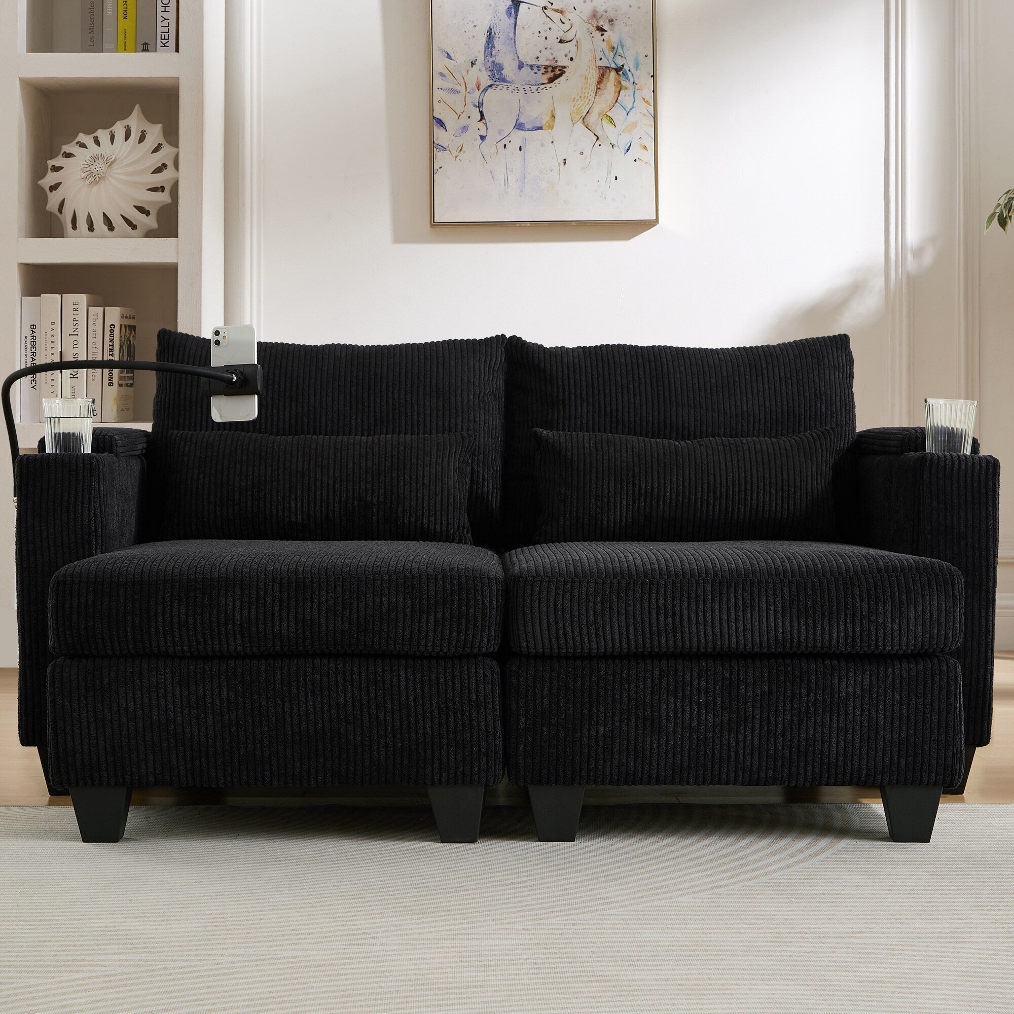 Canapé-lit convertible en velours côtelé avec port USB et deux porte-gobelets