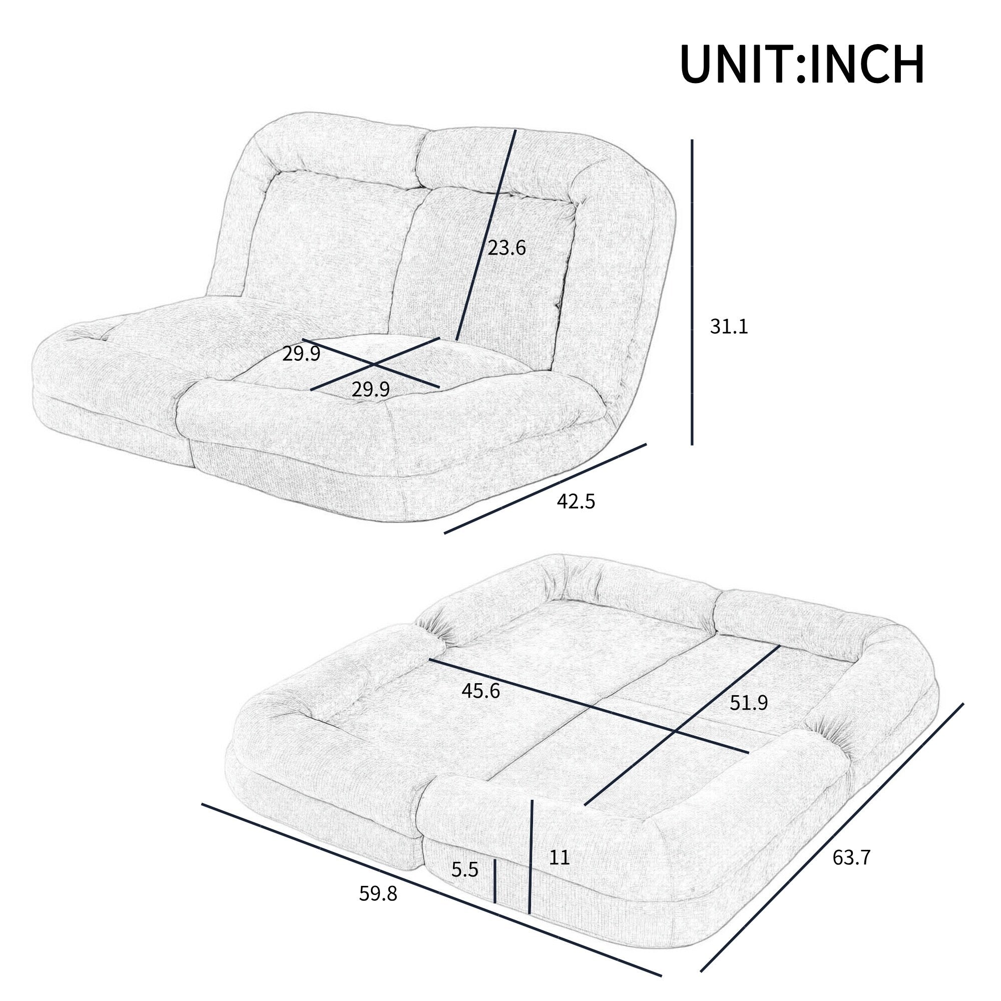 Canapé-lit double convertible avec fonction dépliante pour des options d'assise et de couchage polyvalentes