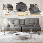 Canapé-lit futon convertible pliable en similicuir avec accoudoirs amovibles, pieds en métal et porte-gobelets, noir