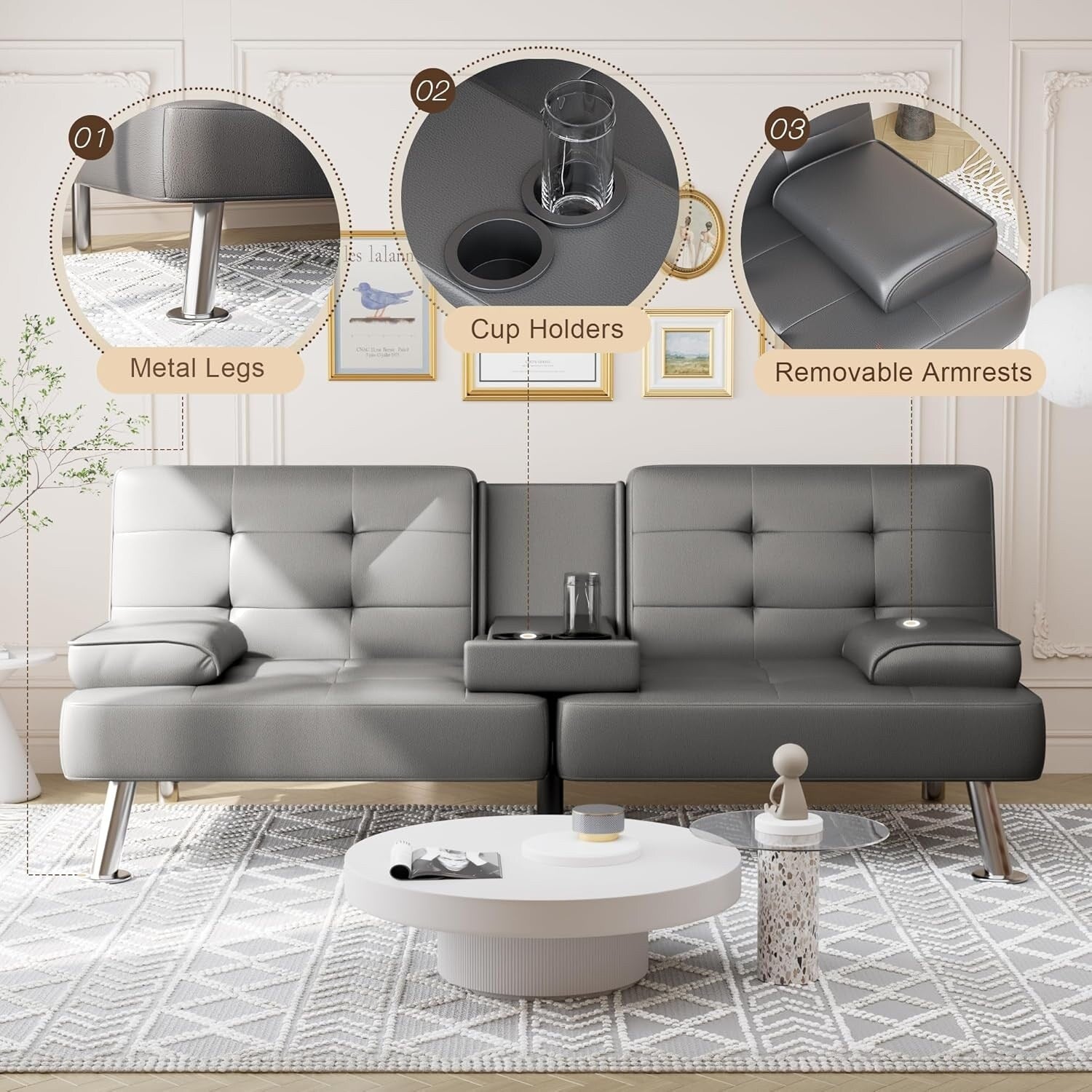 Canapé-lit futon convertible pliable en similicuir avec accoudoirs amovibles, pieds en métal et porte-gobelets, noir
