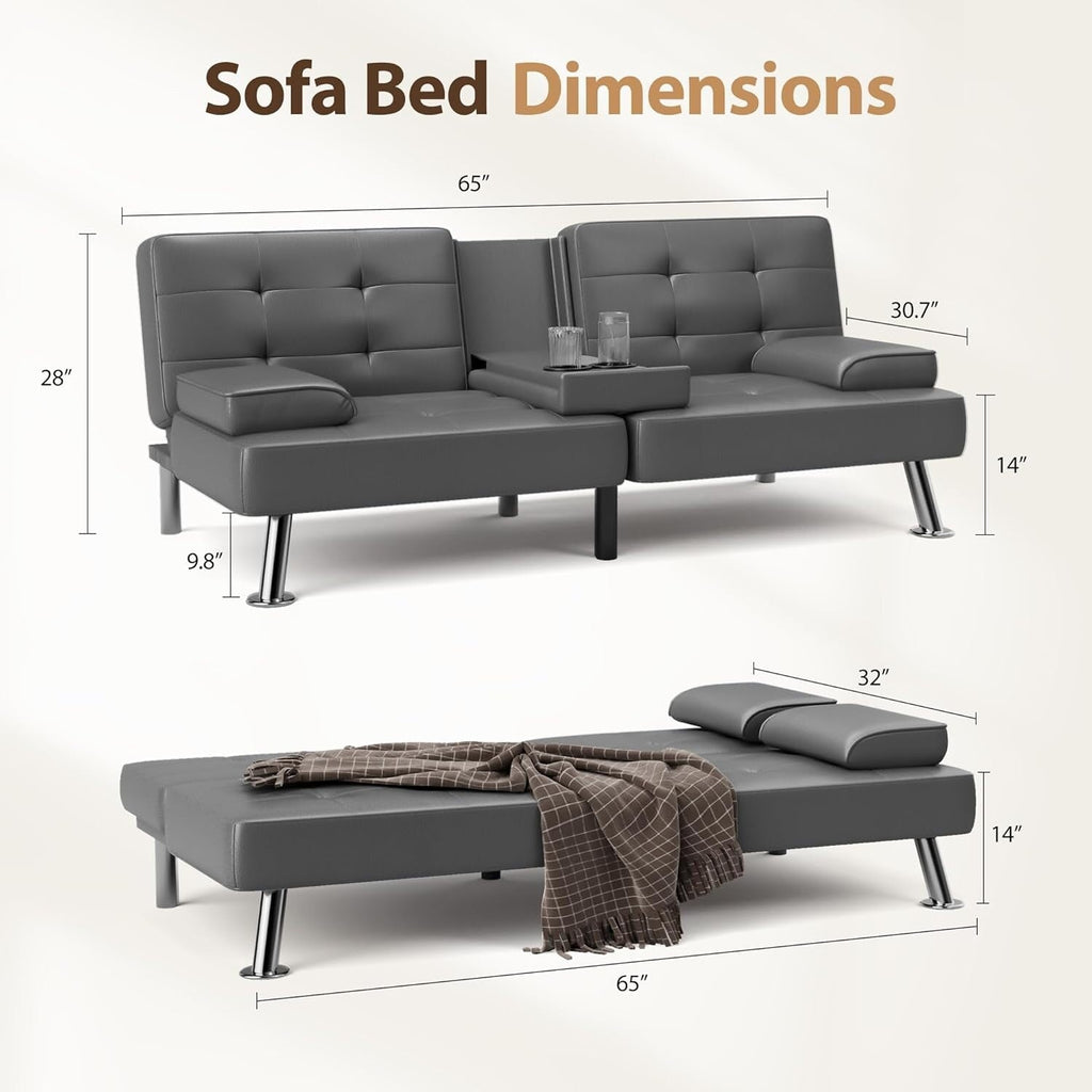 Canapé-lit futon convertible pliable en similicuir avec accoudoirs amovibles, pieds en métal et porte-gobelets, noir