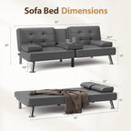 Canapé-lit futon convertible pliable en similicuir avec accoudoirs amovibles, pieds en métal et porte-gobelets, noir