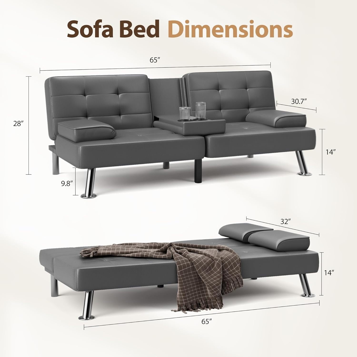 Canapé-lit futon convertible pliable en similicuir avec accoudoirs amovibles, pieds en métal et porte-gobelets, noir