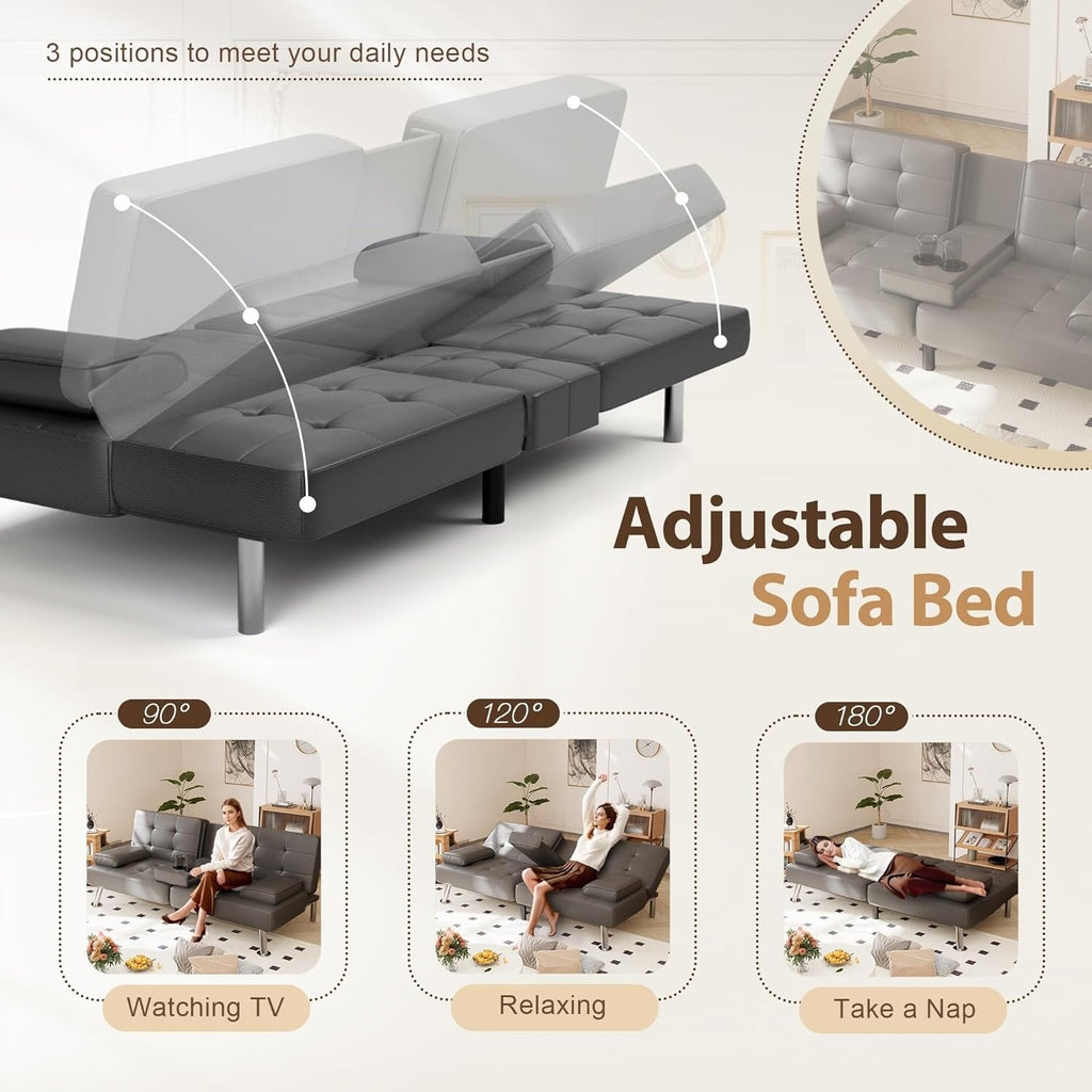 Canapé-lit futon convertible pliable en similicuir avec accoudoirs amovibles, pieds en métal et porte-gobelets, noir