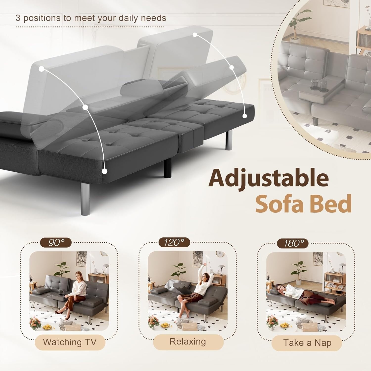 Canapé-lit futon convertible pliable en similicuir avec accoudoirs amovibles, pieds en métal et porte-gobelets, noir