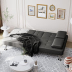 Canapé-lit futon convertible pliable en similicuir avec accoudoirs amovibles, pieds en métal et porte-gobelets, noir