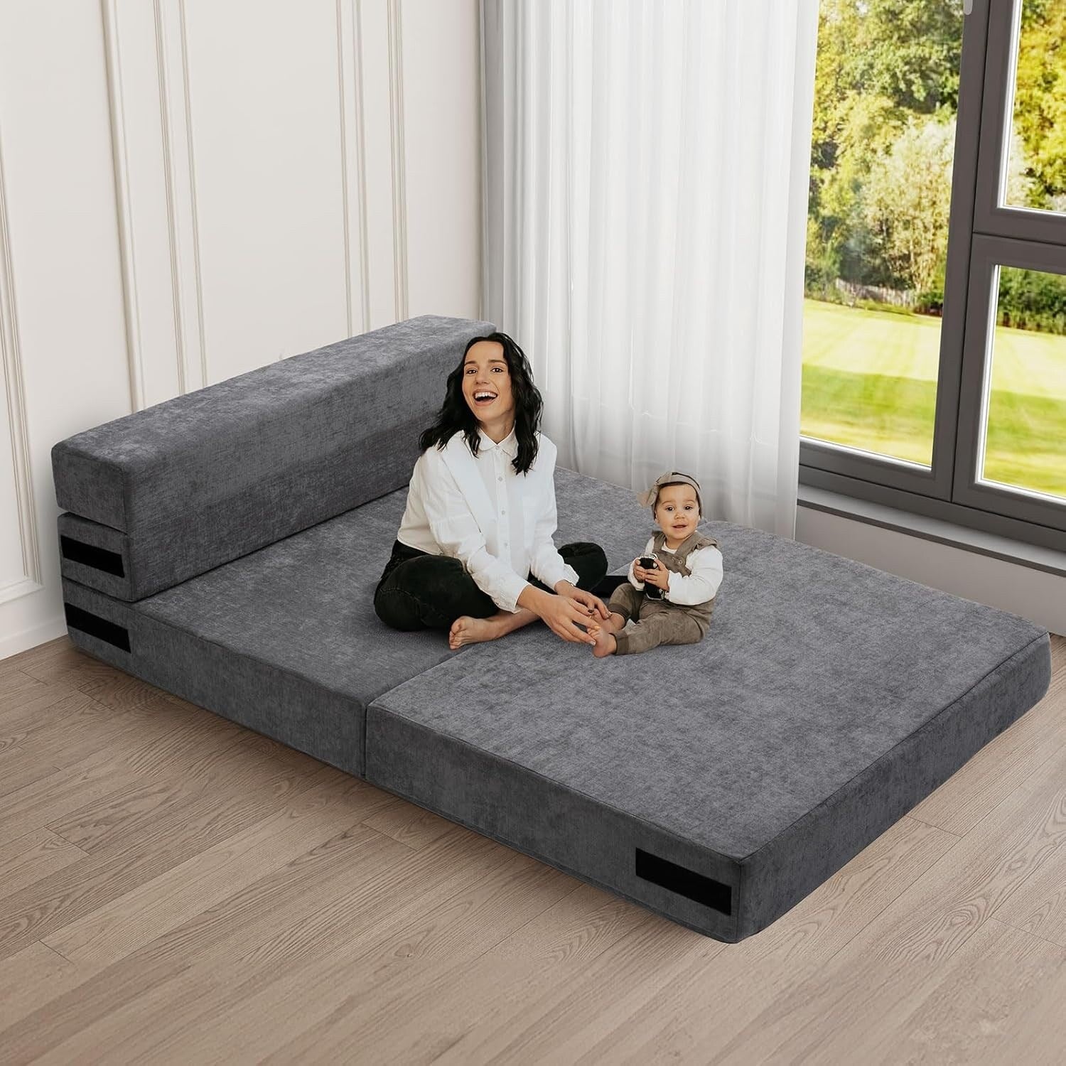 Canapé-lit convertible pliable - Fauteuil-lit double avec oreiller et matelas en mousse, canapé-lit futon gris pour salon/dortoir