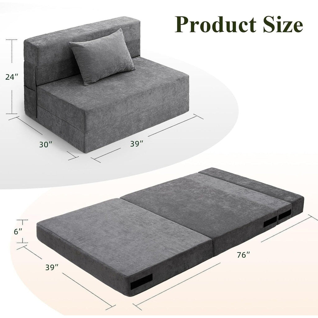 Canapé-lit convertible pliable - Fauteuil-lit double avec oreiller et matelas en mousse, canapé-lit futon gris pour salon/dortoir