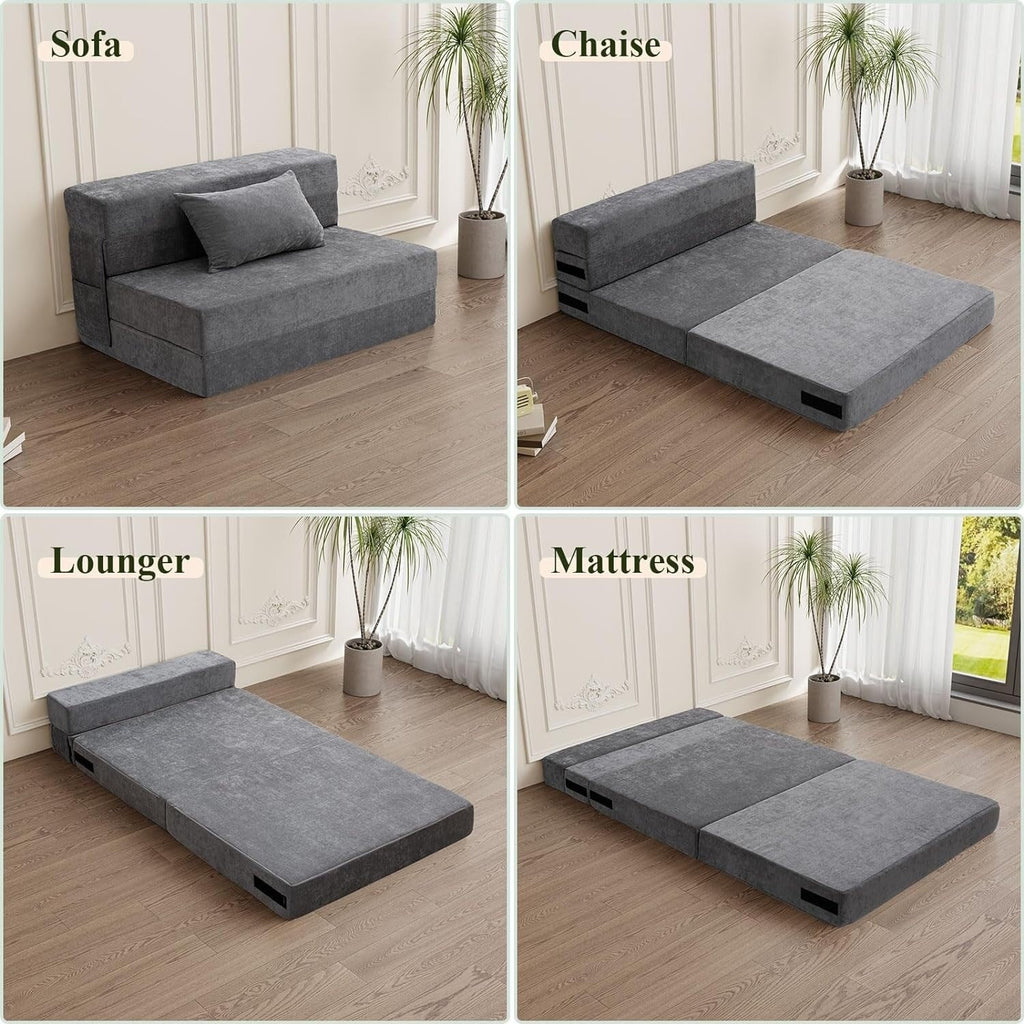 Canapé-lit convertible pliable - Fauteuil-lit double avec oreiller et matelas en mousse, canapé-lit futon gris pour salon/dortoir