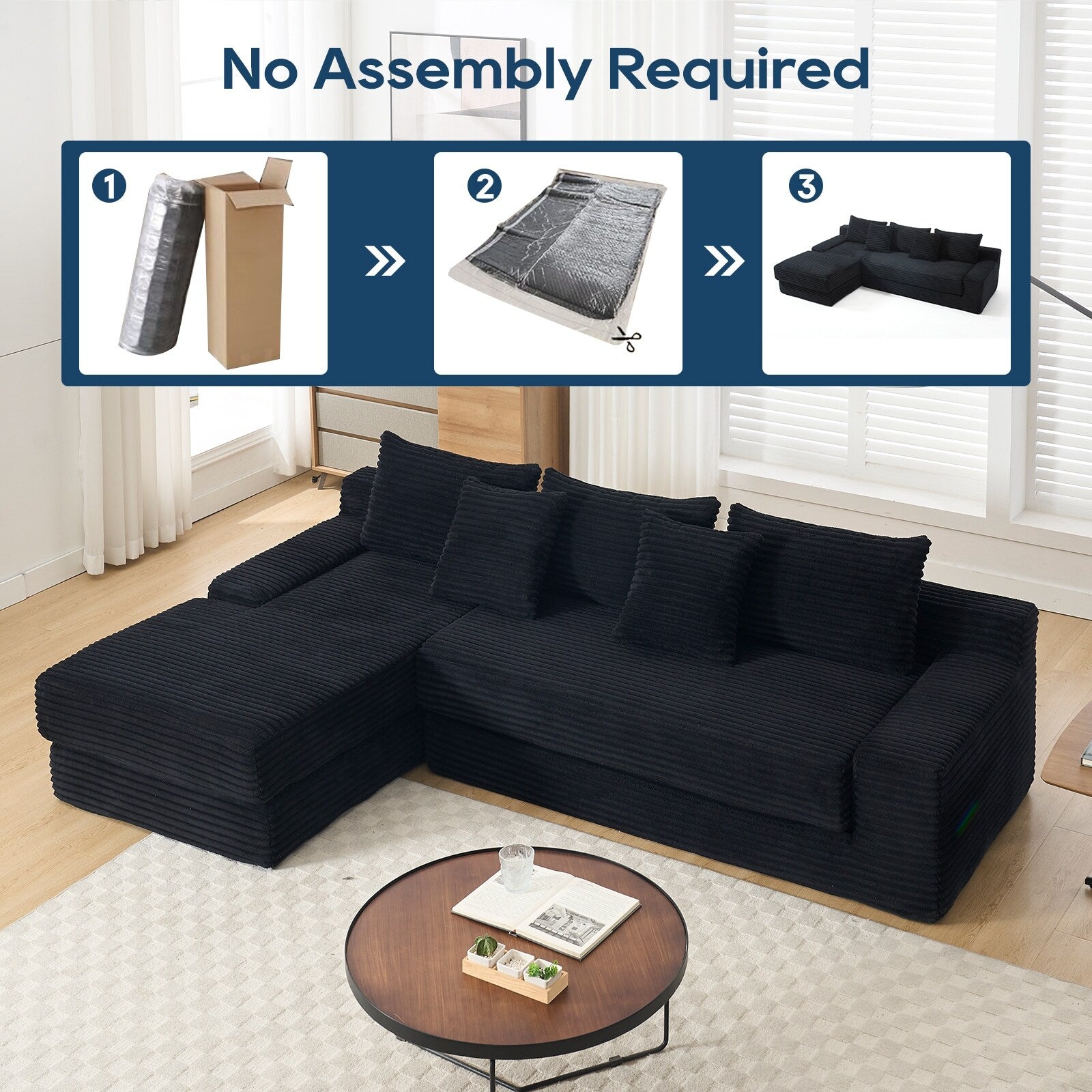 Canapé convertible sectionnel en velours côtelé en forme de L, canapé modulaire 3 places avec cadre en acier pour chambres et cinéma maison