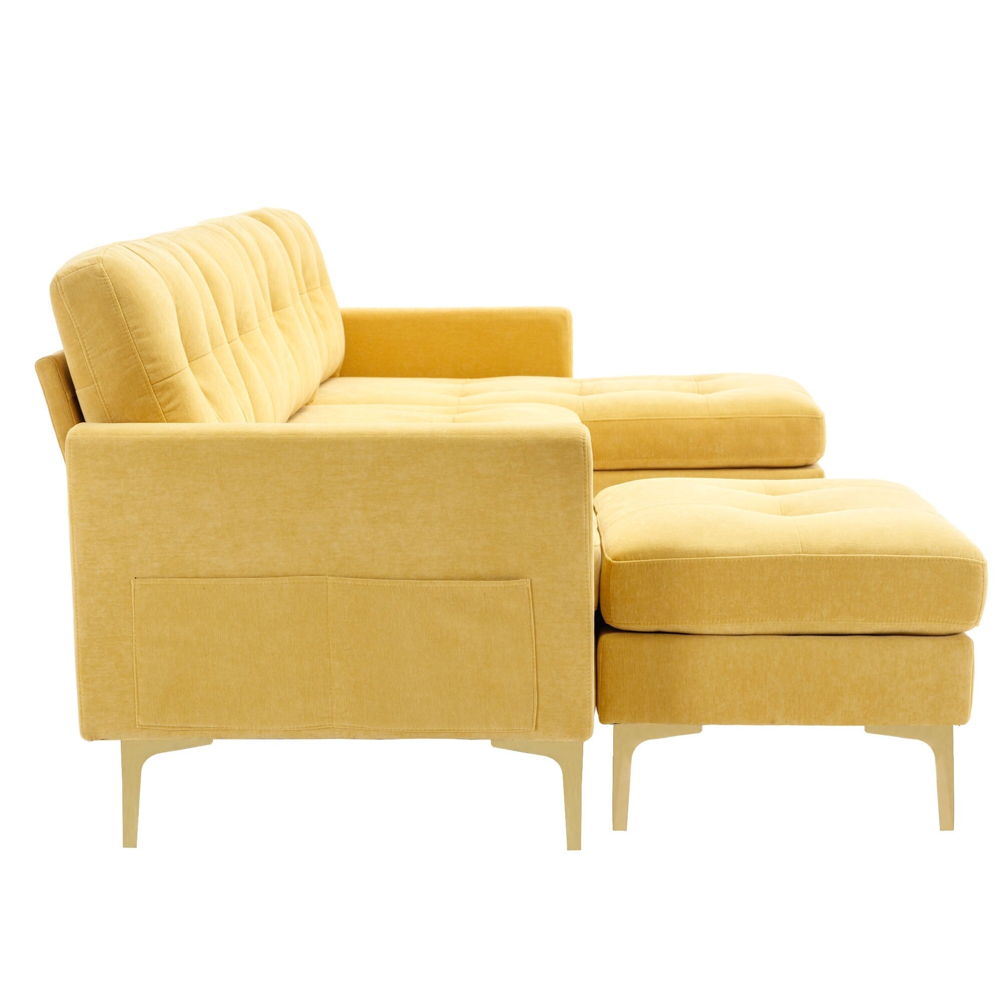 Canapé sectionnel convertible en velours en forme de L avec pouf amovible et pieds en métal doré pour le salon