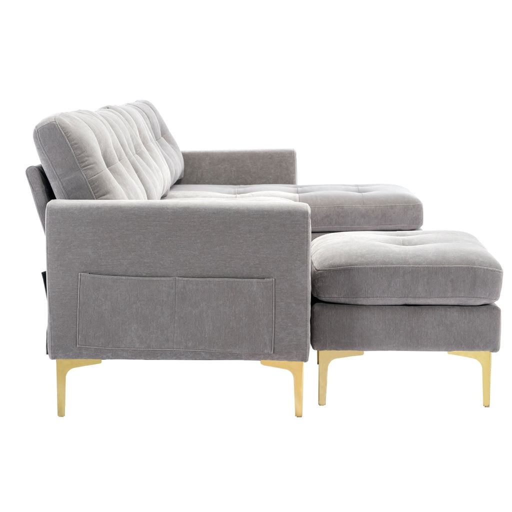 Canapé sectionnel convertible en velours en forme de L avec pouf amovible et pieds en métal doré pour le salon