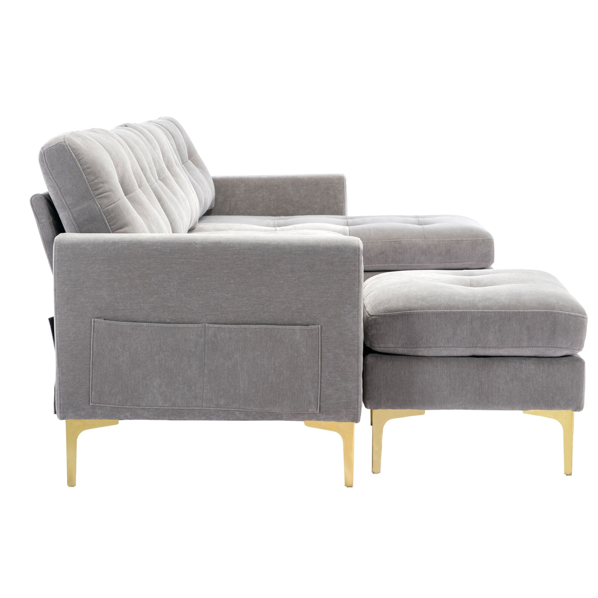Canapé sectionnel convertible en velours en forme de L avec pouf amovible et pieds en métal doré pour le salon