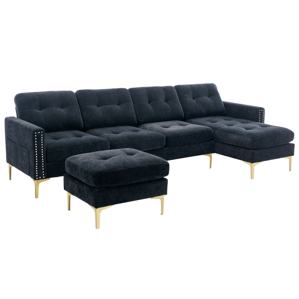 Canapé sectionnel convertible en velours en forme de L avec pouf amovible et pieds en métal doré pour le salon