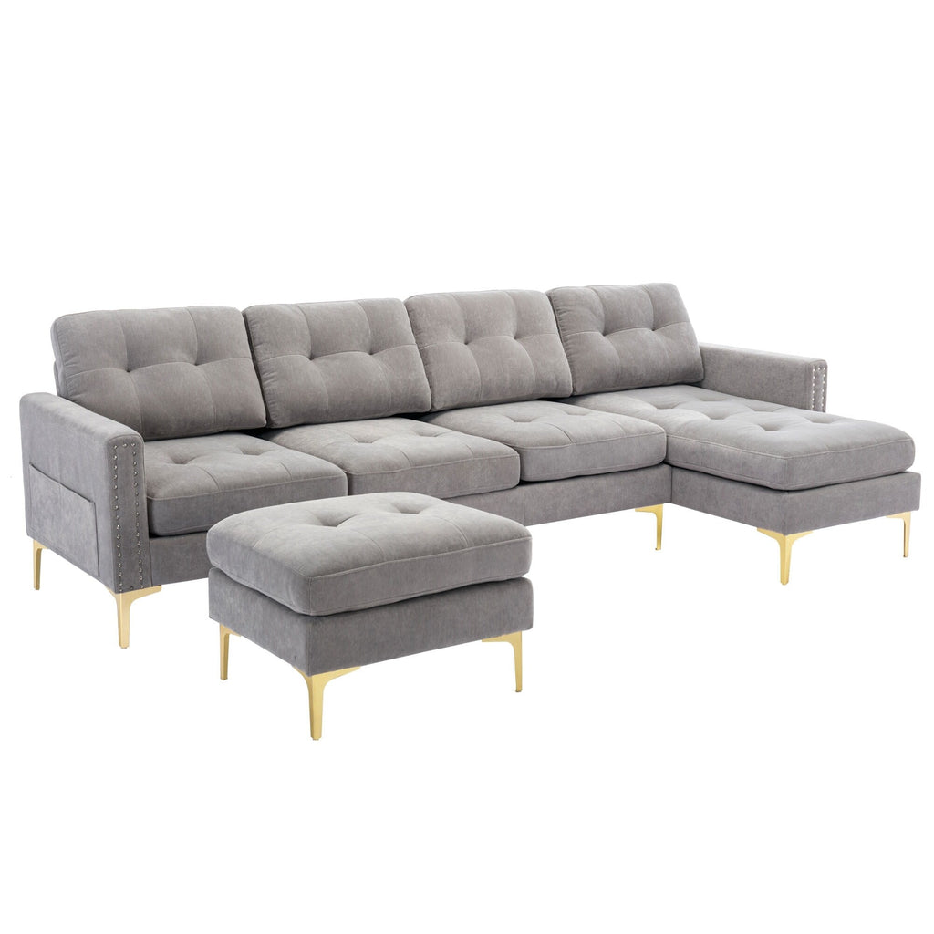 Canapé sectionnel convertible en velours en forme de L avec pouf amovible et pieds en métal doré pour le salon