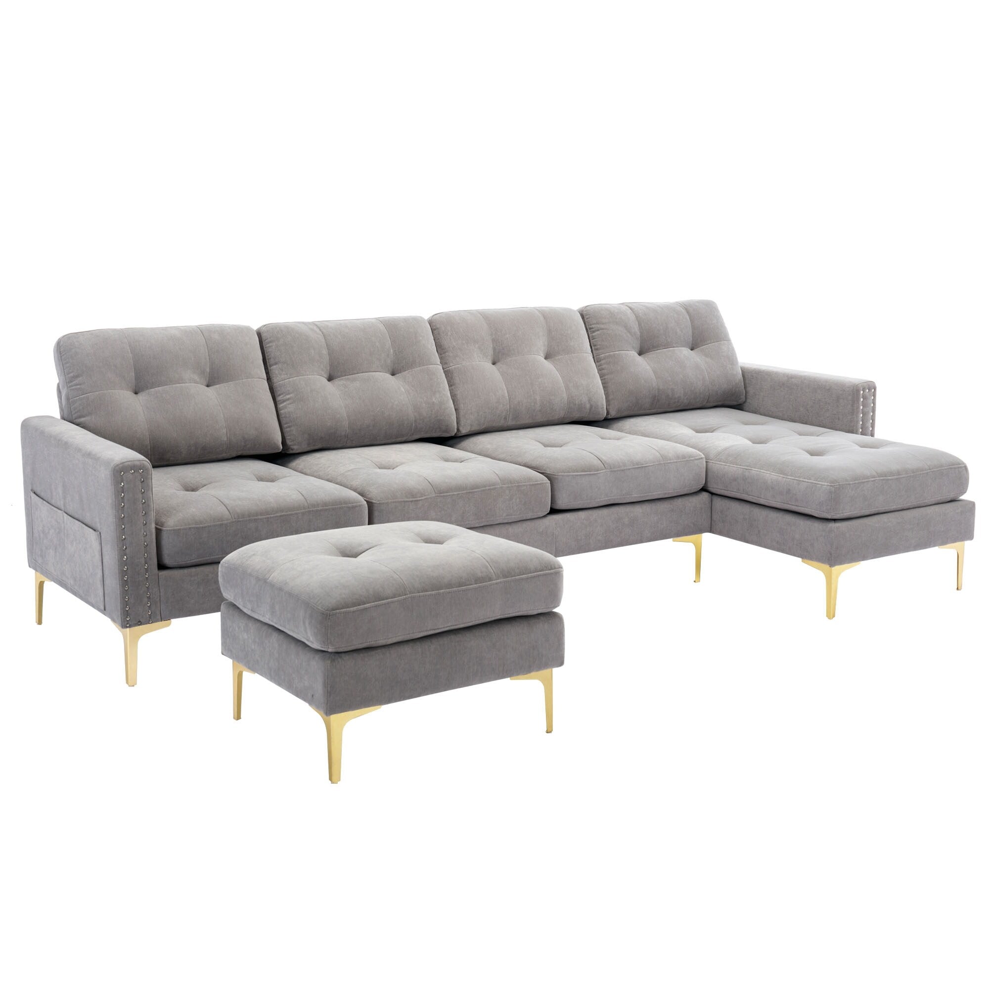Canapé sectionnel convertible en velours en forme de L avec pouf amovible et pieds en métal doré pour le salon