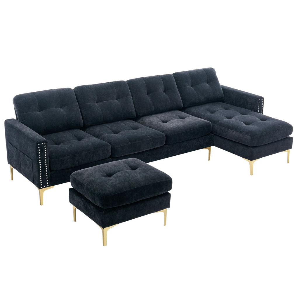 Canapé sectionnel convertible en velours en forme de L avec pouf amovible et pieds en métal doré pour le salon