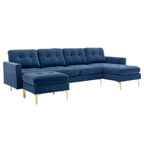 Canapé sectionnel convertible en velours en forme de L avec pouf amovible et pieds en métal doré pour le salon