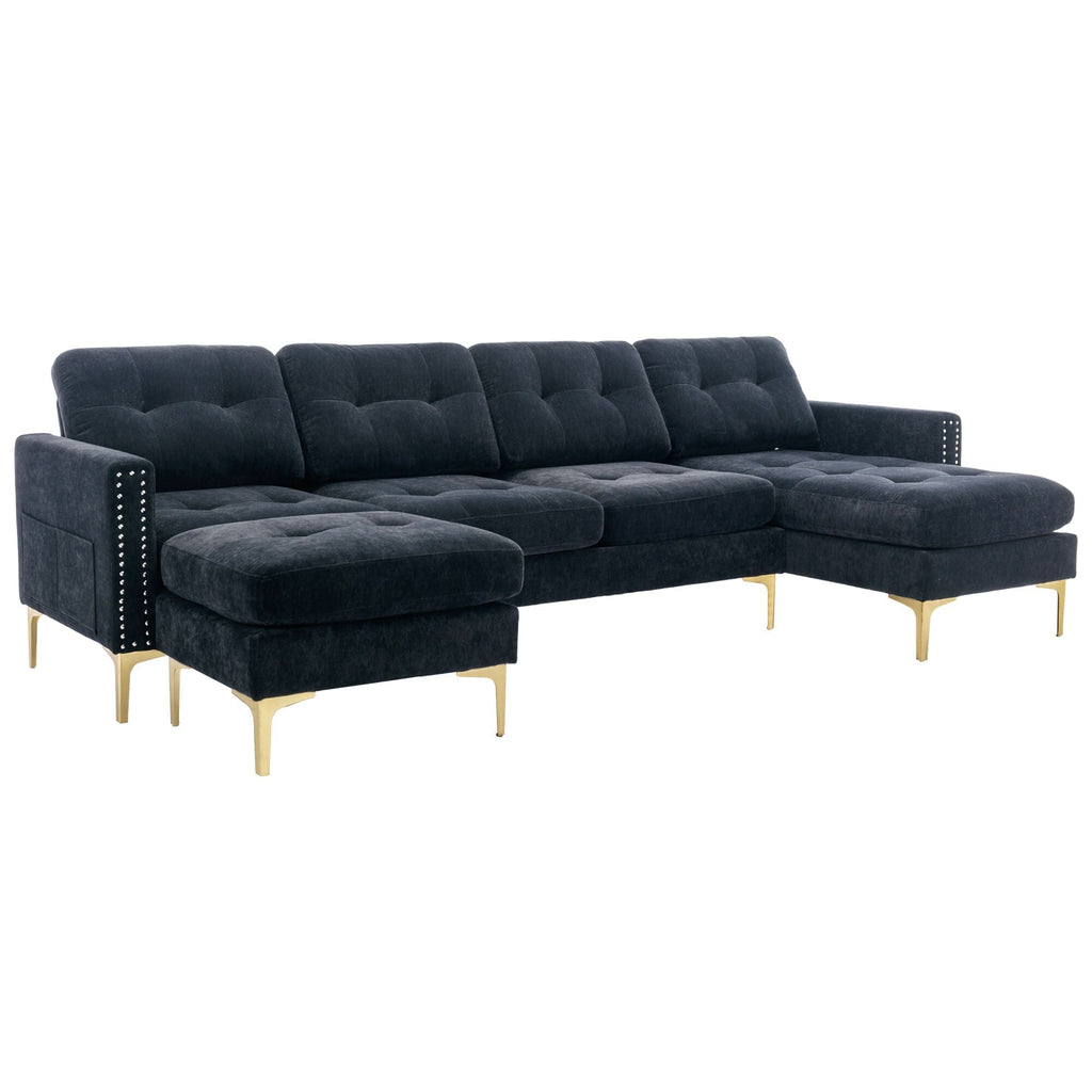Canapé sectionnel convertible en velours en forme de L avec pouf amovible et pieds en métal doré pour le salon